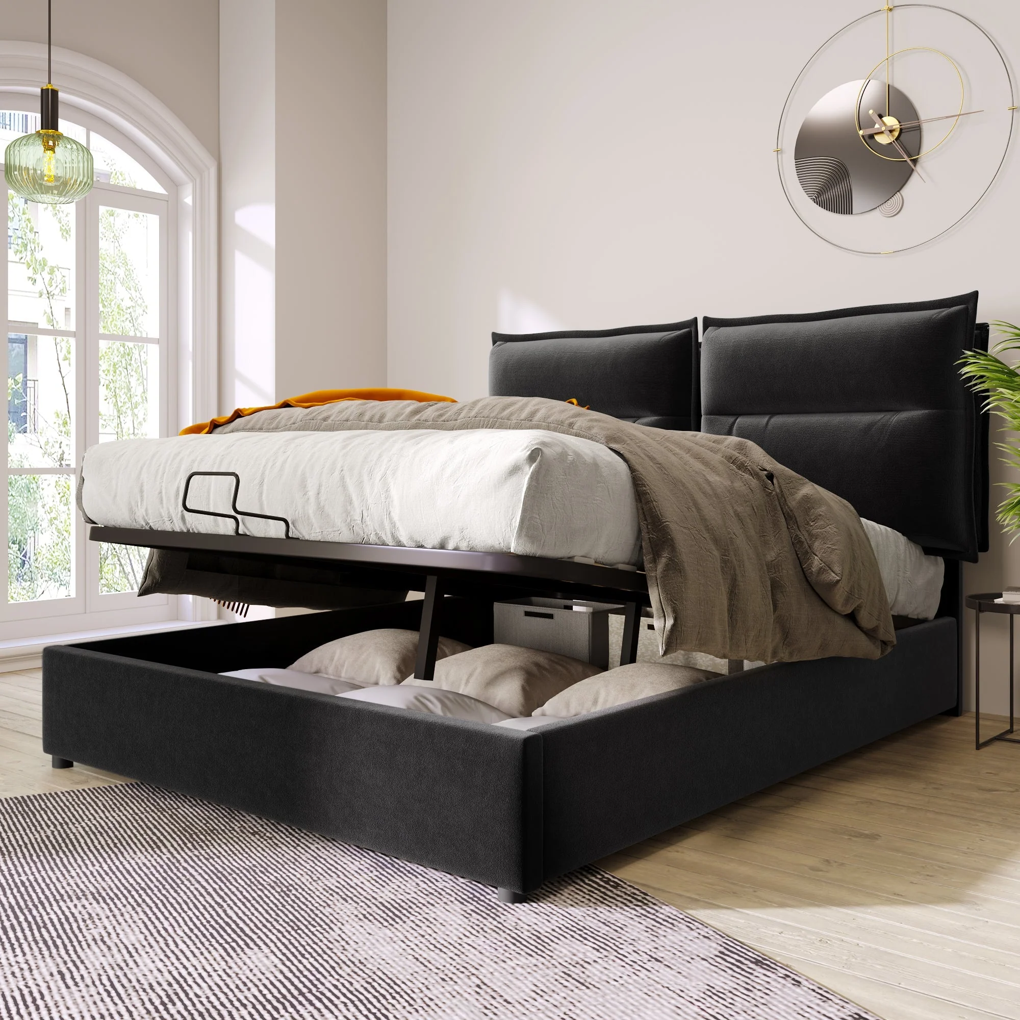 Hydraulic Double Upholstered Bed, 140x200cm, Adjustable Headboard, Velvet, Black - Image 2