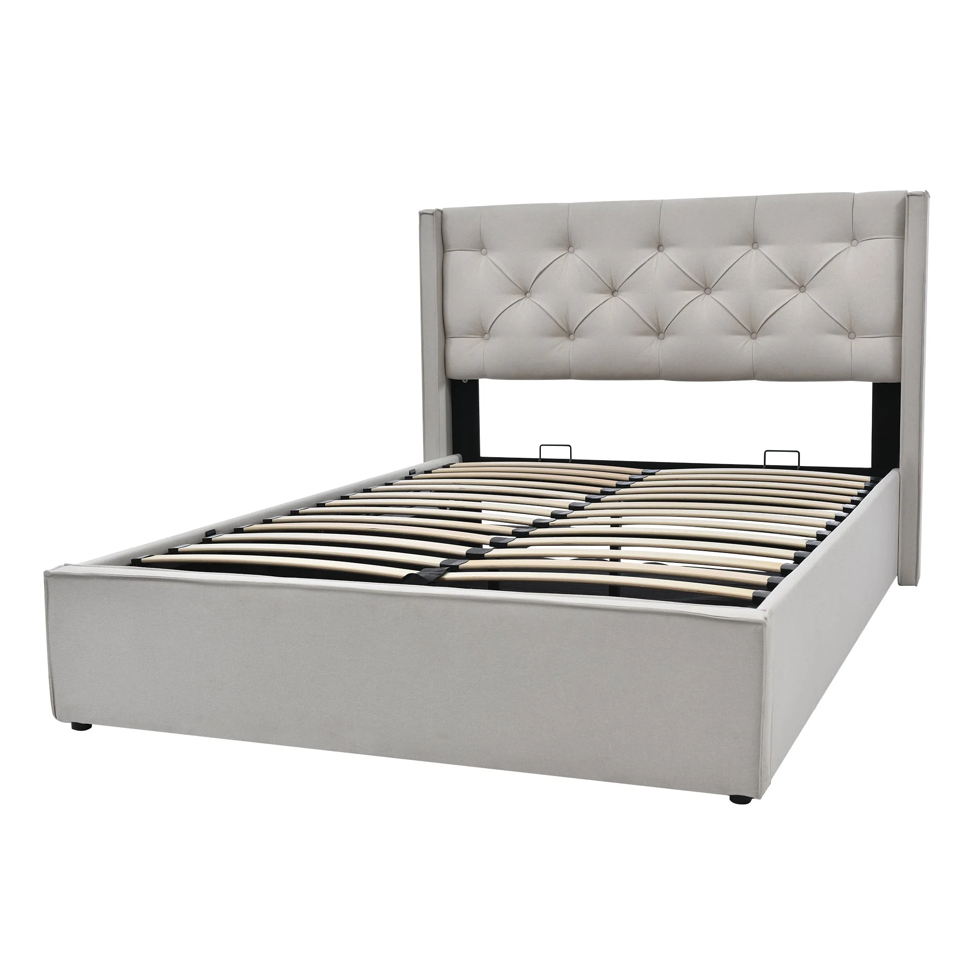 Hydraulic Double Upholstered Bed, 140x200cm, Storage, Light Gray Cotton - Image 7
