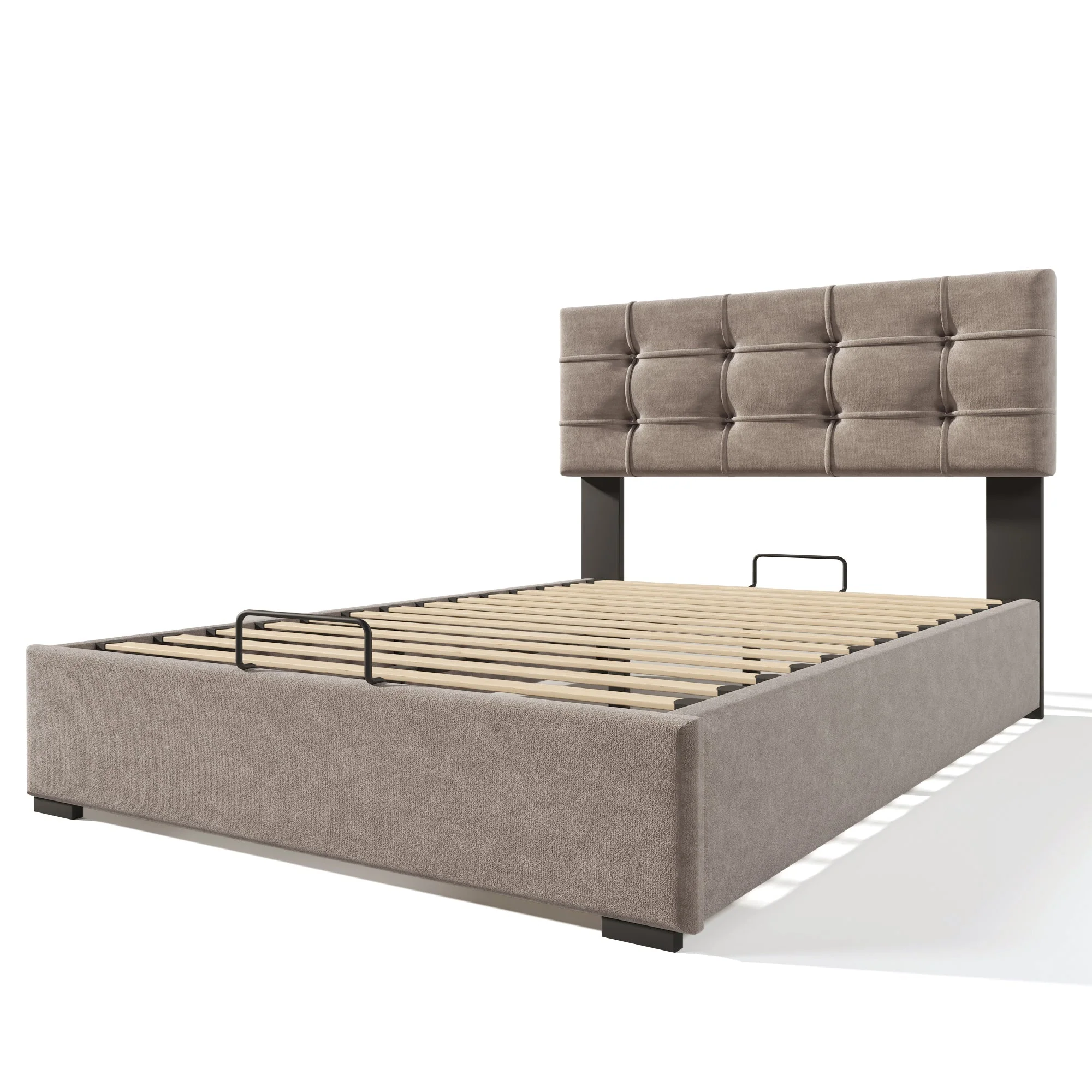 Hydraulic Double Upholstered Bed, 140x200cm with Adjustable Headboard, Metal Slatted Frame, Velvet Light Grey - Image 6