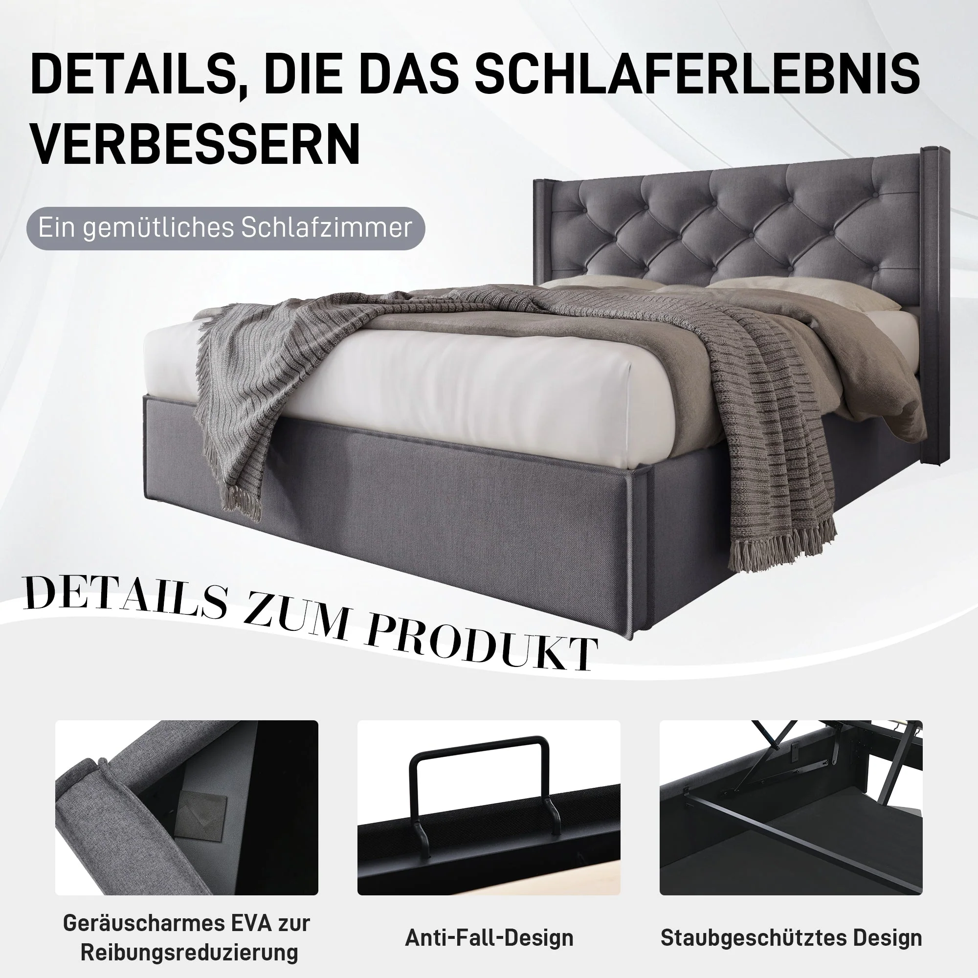 Hydraulic Double Upholstered Bed, 160x200cm, Metal Frame, Storage, Cotton, Grey - Image 3