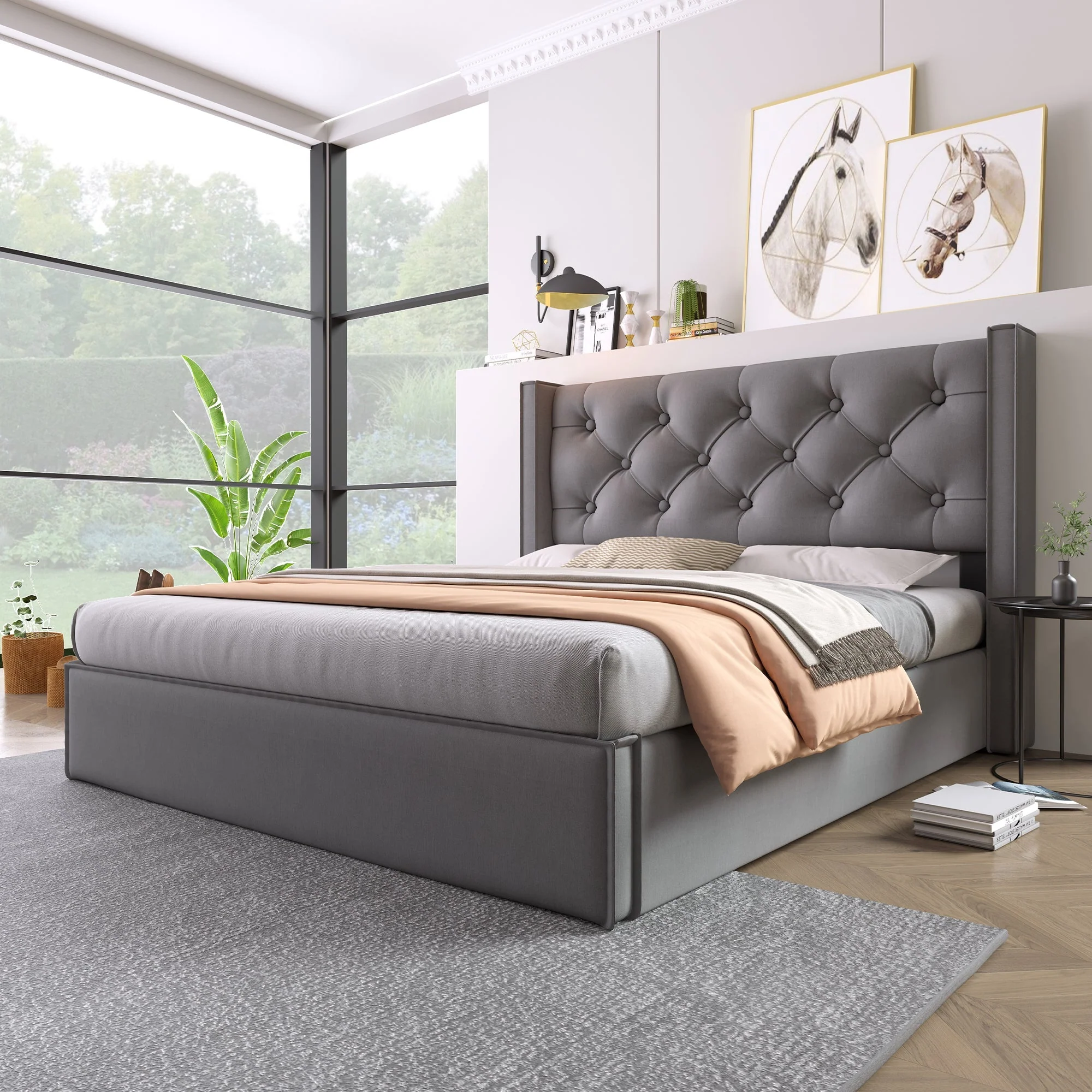 Hydraulic Double Upholstered Bed, 160x200cm, Metal Frame, Storage, Cotton, Grey - Image 5
