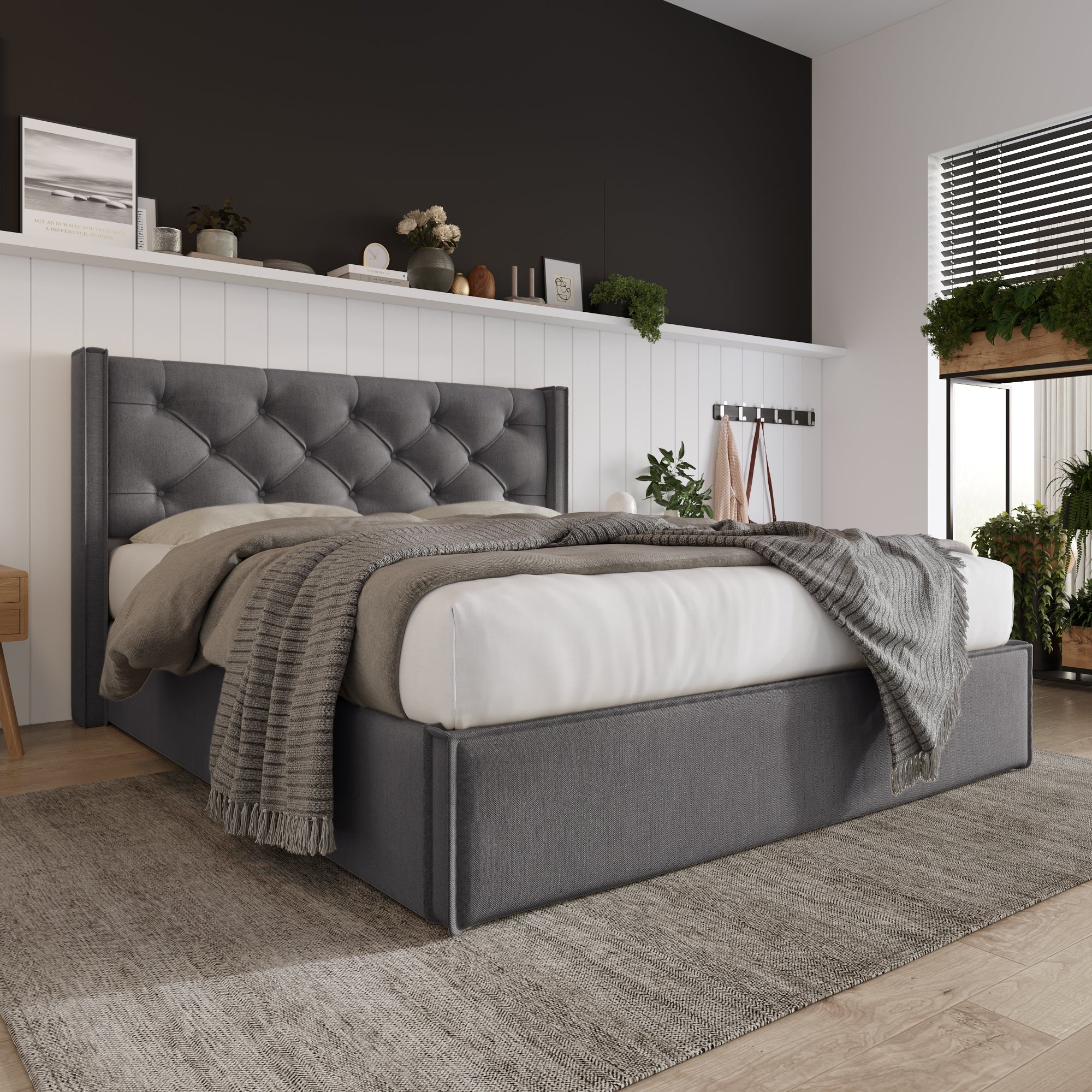 Hydraulic Double Upholstered Bed, 160x200cm, Metal Frame, Storage, Cotton, Grey - Image 8