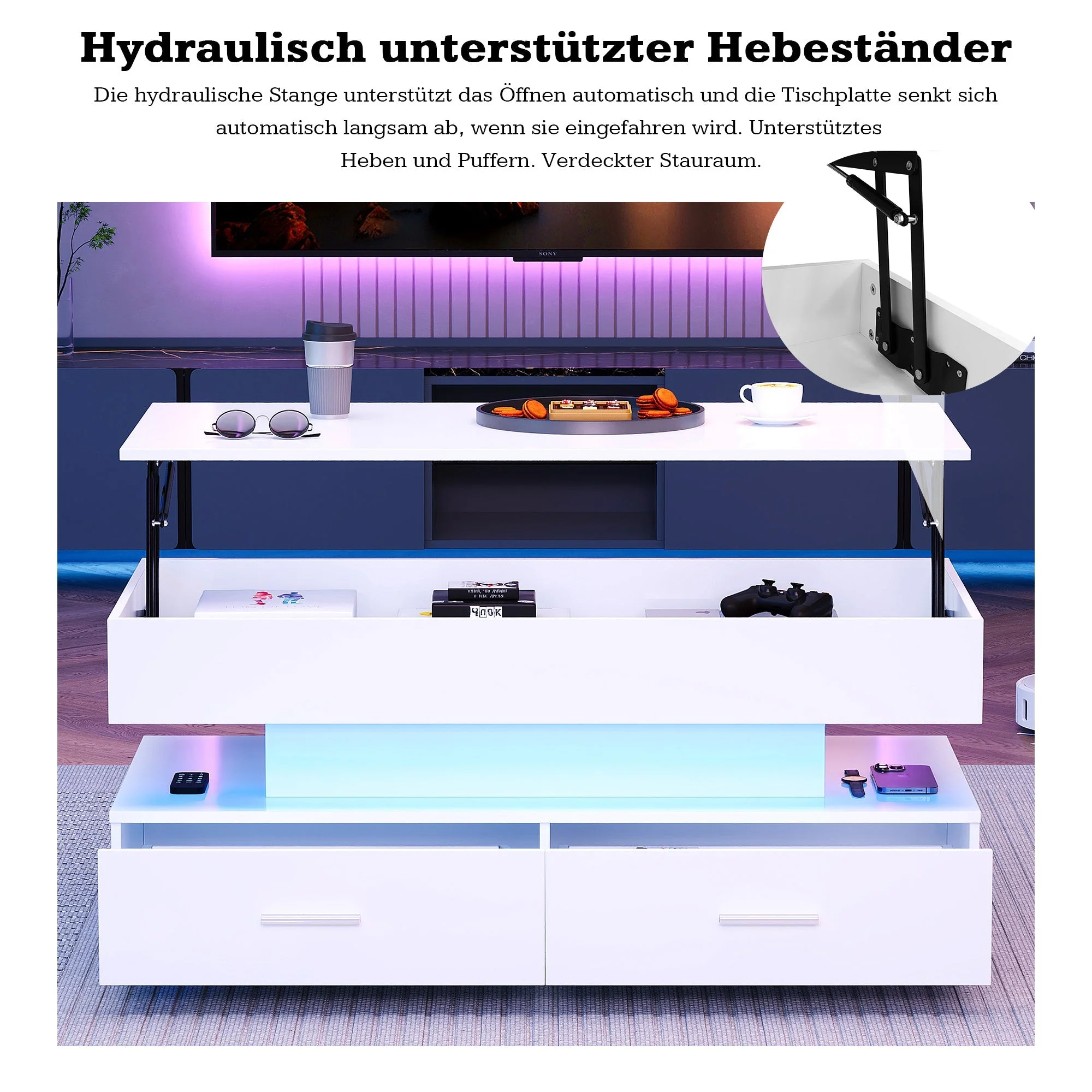 Hydraulic Height-Adjustable Coffee Table, LED Lighting, Bluetooth Control, 2 Drawers, White - Image 10