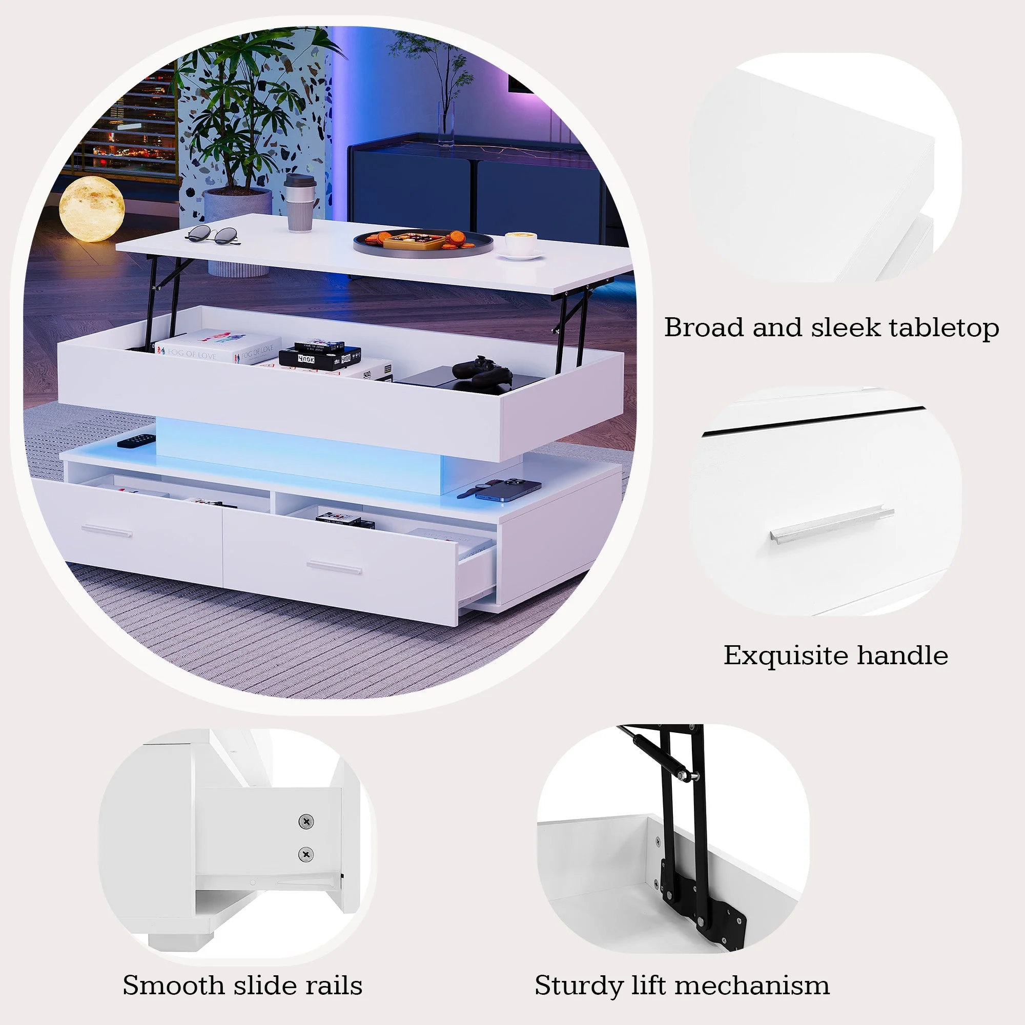 Hydraulic Height-Adjustable Coffee Table, LED Lighting, Bluetooth Control, 2 Drawers, White - Image 3