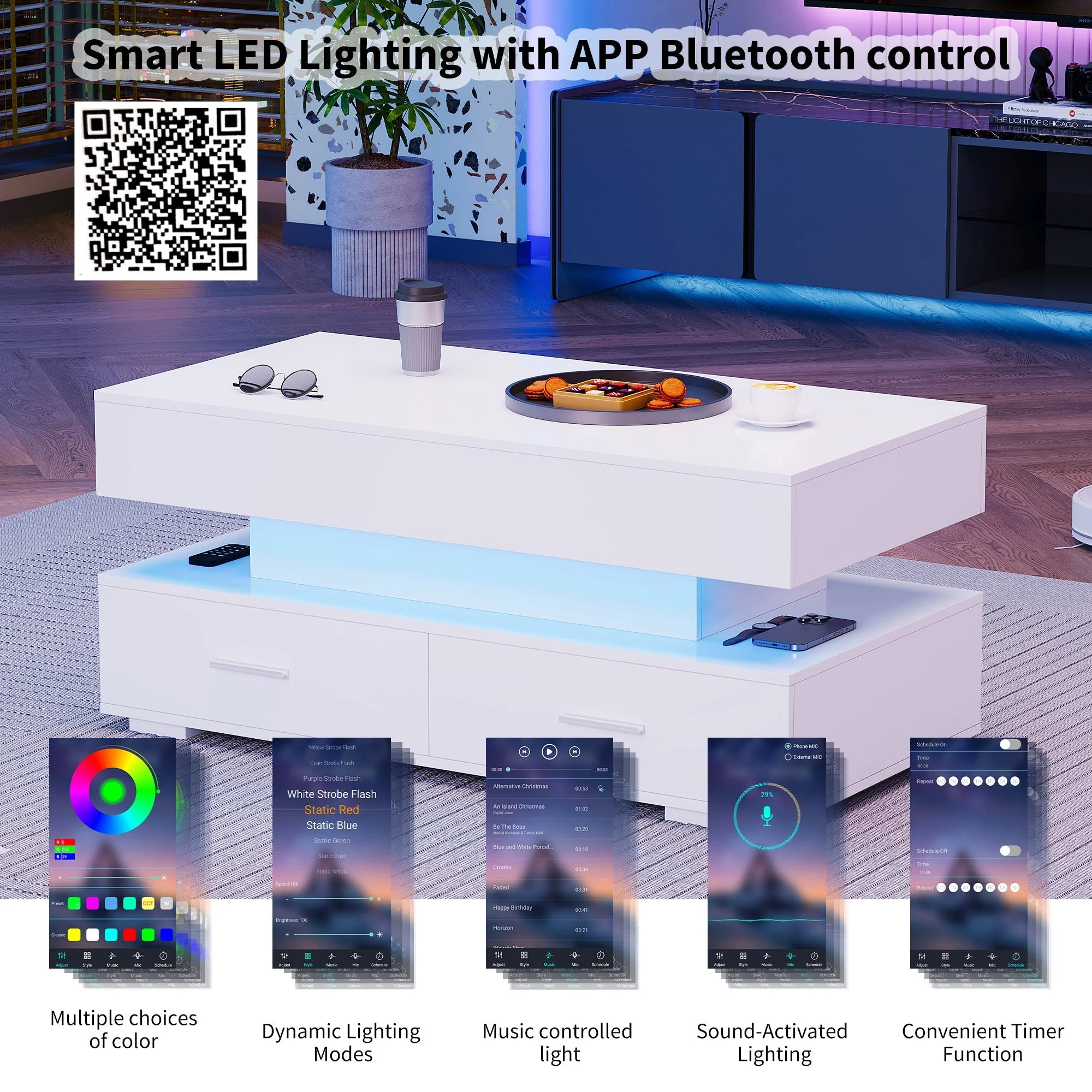 Hydraulic Height-Adjustable Coffee Table, LED Lighting, Bluetooth Control, 2 Drawers, White - Image 4