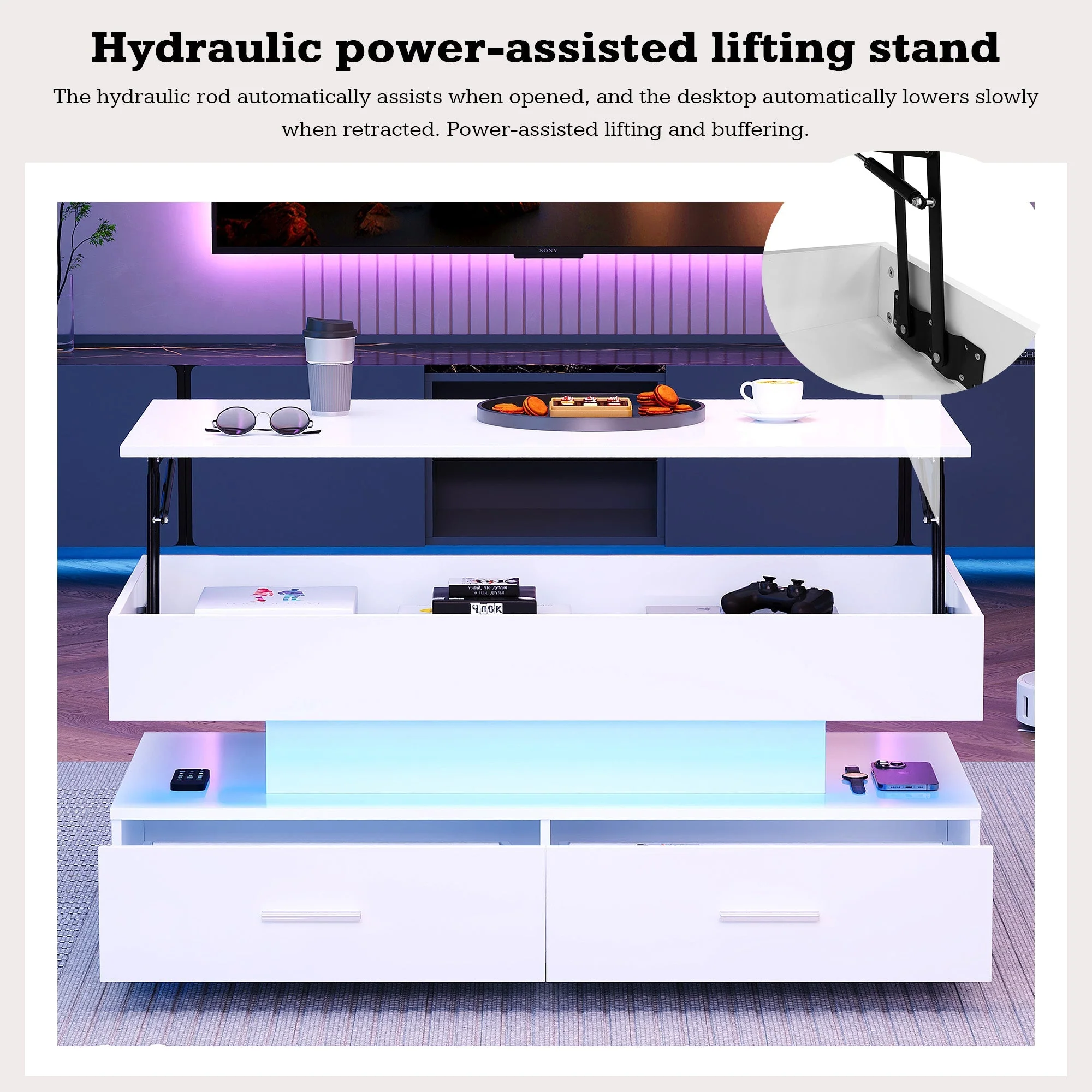 Hydraulic Height-Adjustable Coffee Table, LED Lighting, Bluetooth Control, 2 Drawers, White - Image 5