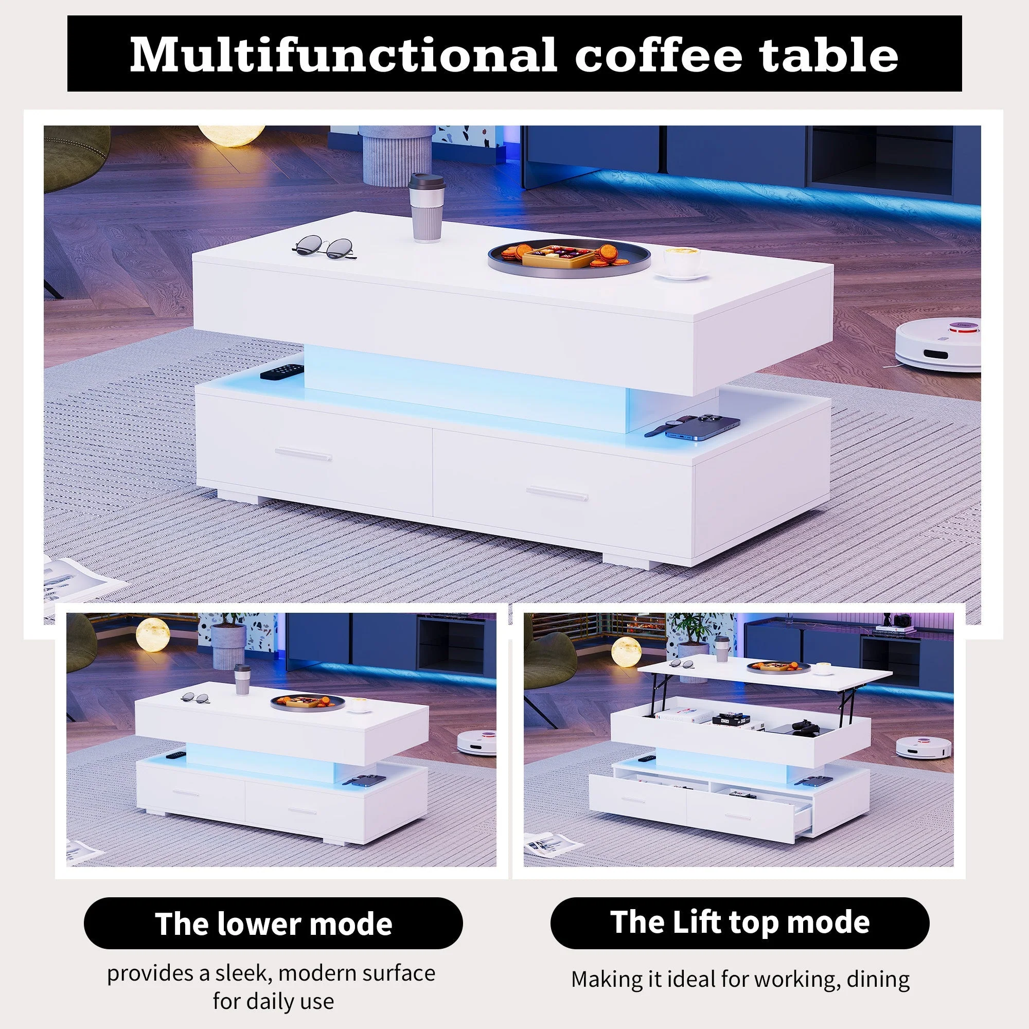 Hydraulic Height-Adjustable Coffee Table, LED Lighting, Bluetooth Control, 2 Drawers, White - Image 6