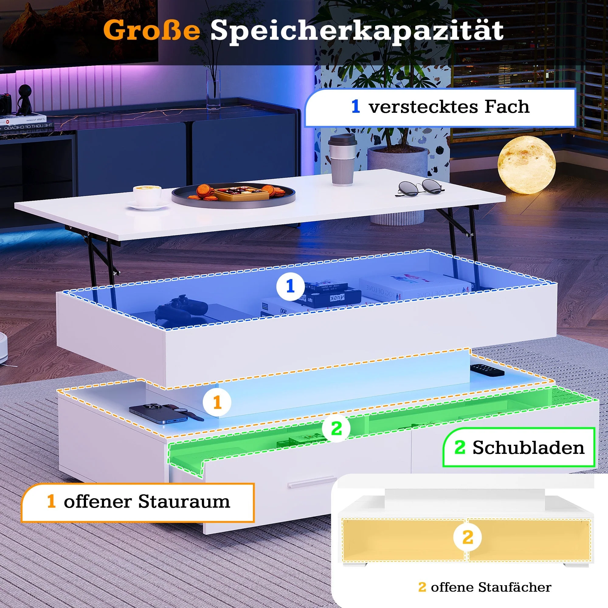 Hydraulic Height-Adjustable Coffee Table, LED Lighting, Bluetooth Control, 2 Drawers, White - Image 7