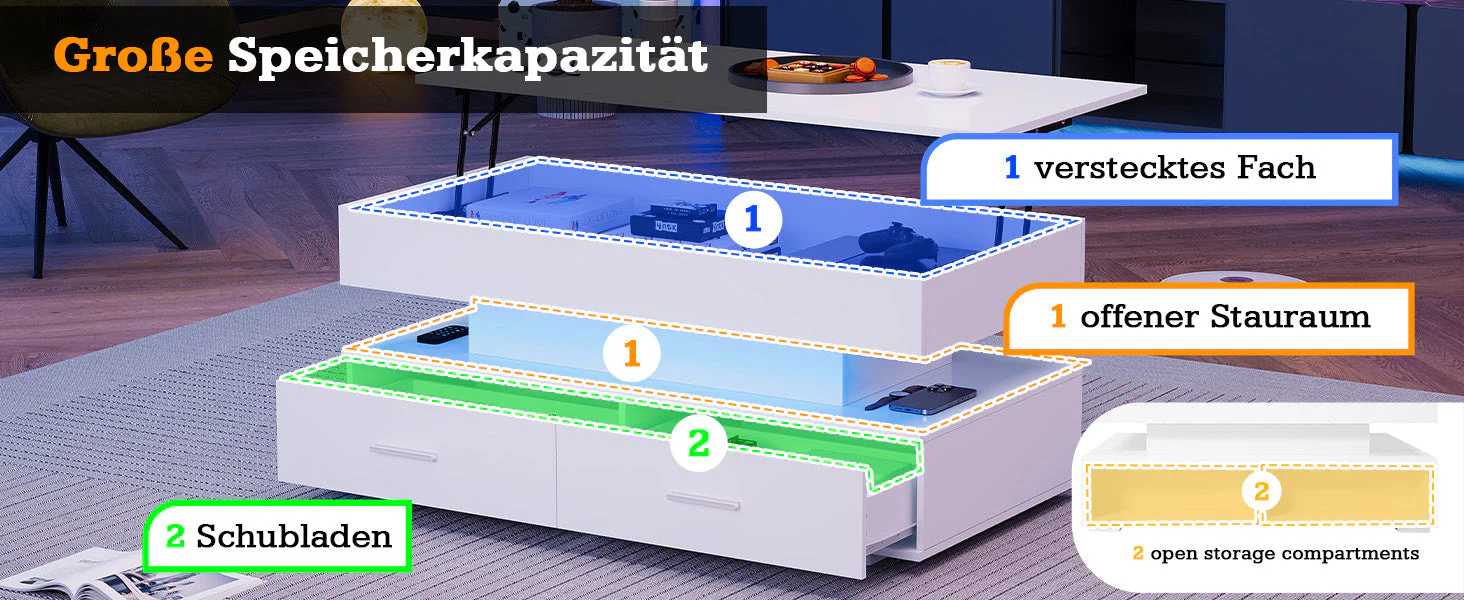 Hydraulic Height-Adjustable Coffee Table, LED Lighting, Bluetooth Control, 2 Drawers, White - Image 8