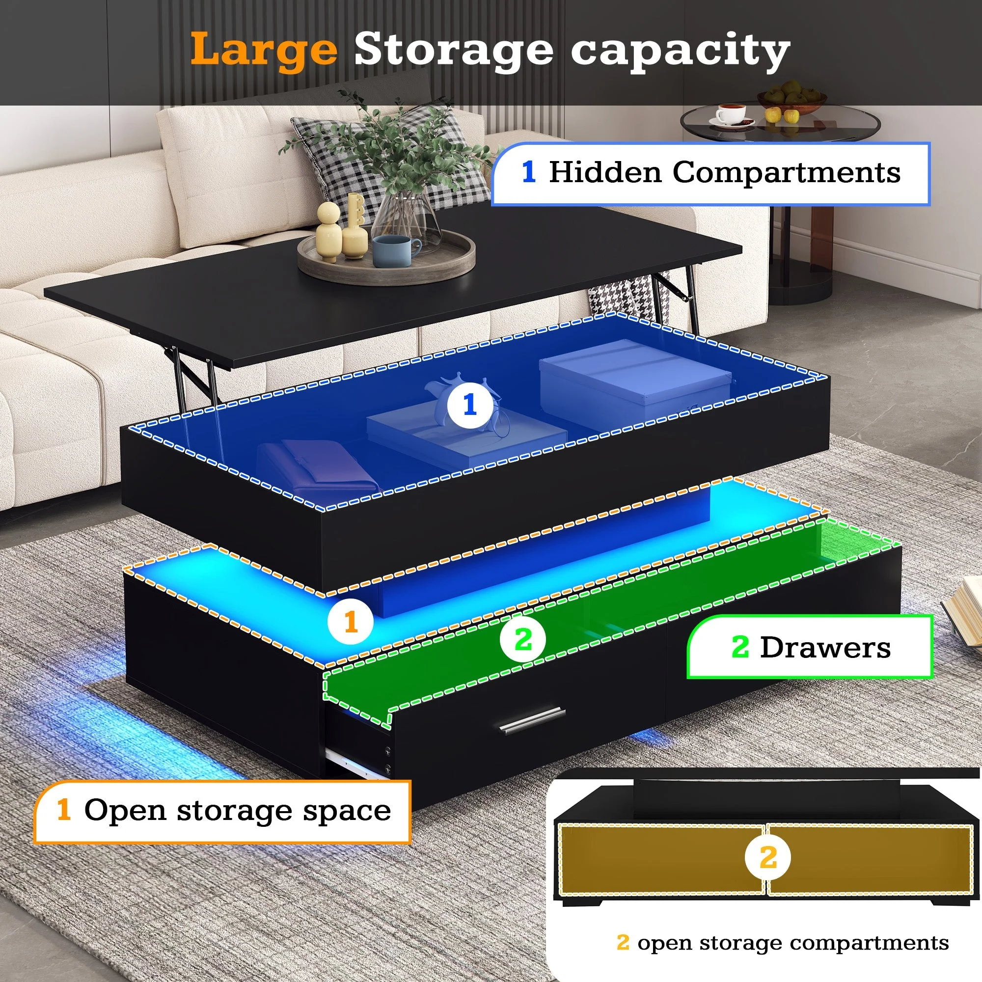 Hydraulic Lift Top Coffee Table, LED with Storage & 2 Drawers, Black - Image 3