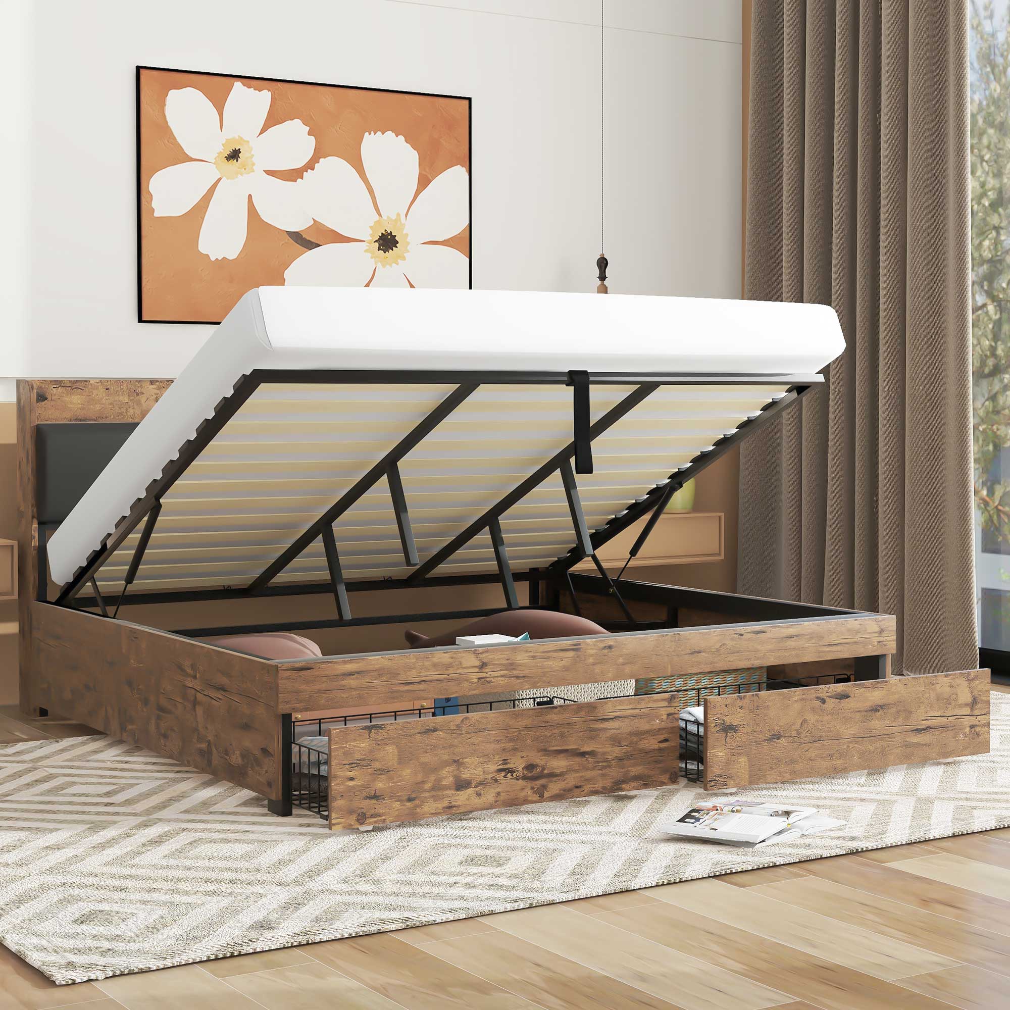 Hydraulic Metal Double Bed with Storage Headboard and Slatted Base, 180x200cm, Wood Color and Black - Image 5