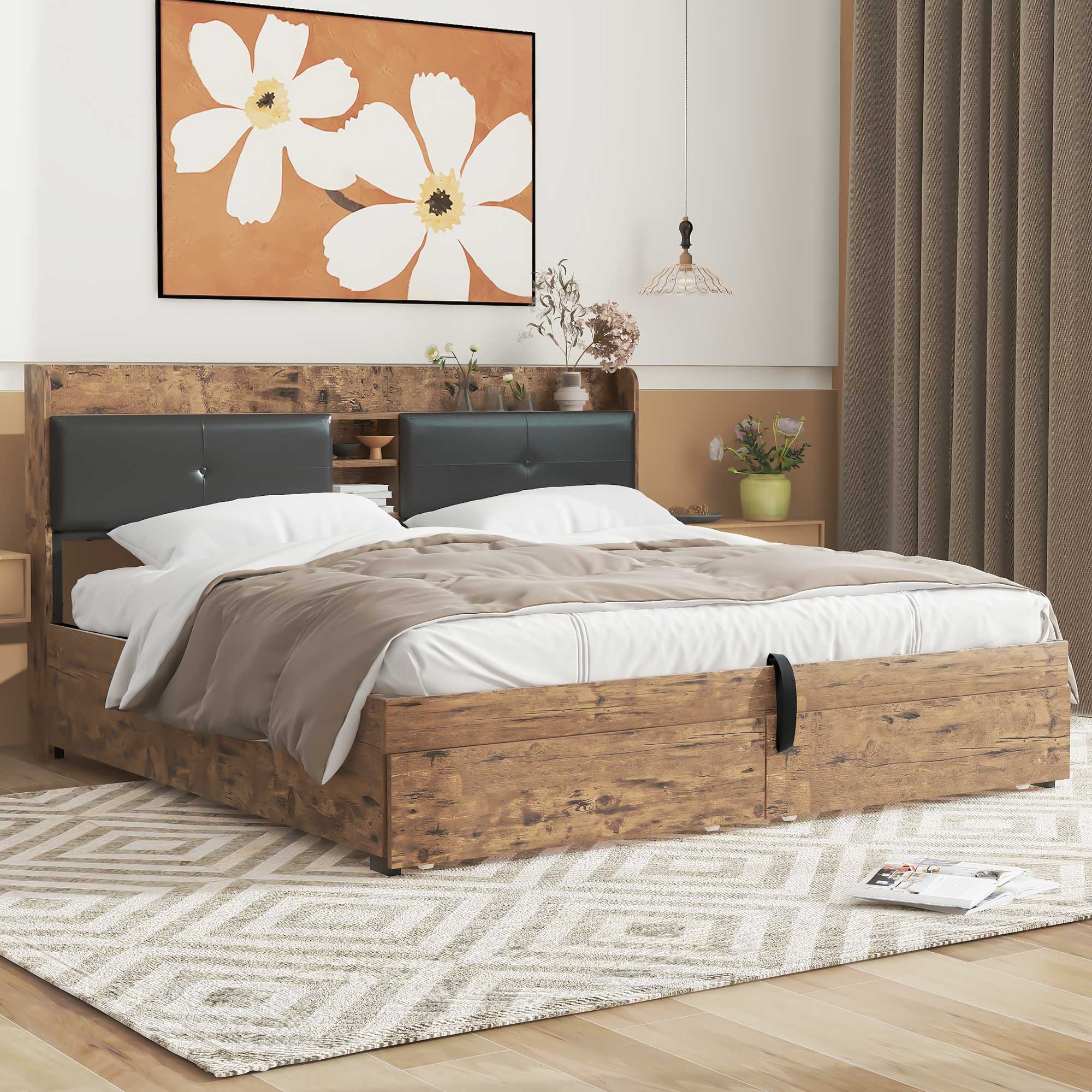 Hydraulic Metal Double Bed with Storage Headboard and Slatted Base, 180x200cm, Wood Color and Black - Image 6