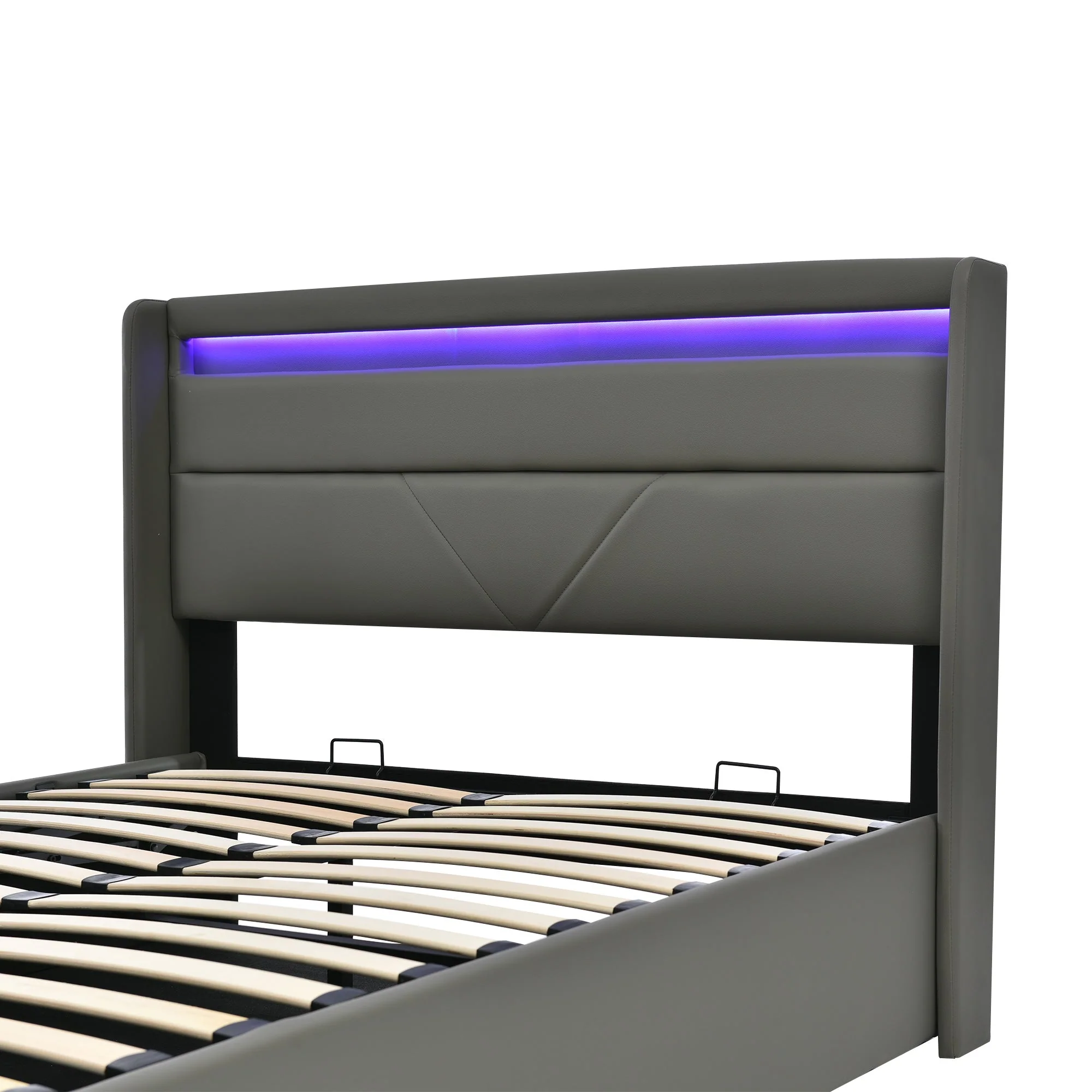 Hydraulic Storage Bed, 140x200cm Upholstered with LED, Grey - Image 7