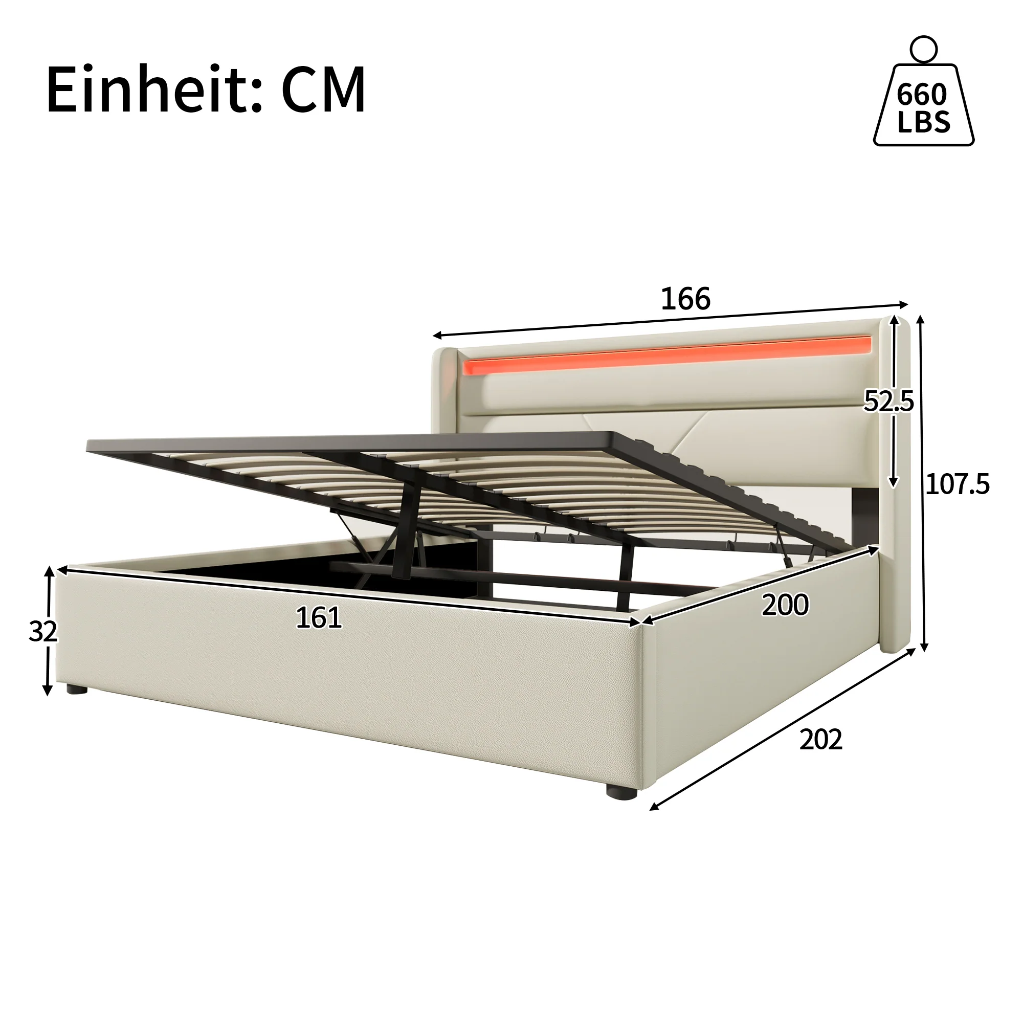 Hydraulic Storage Bed, 160x200cm Upholstered with LED Strip, White - Image 2