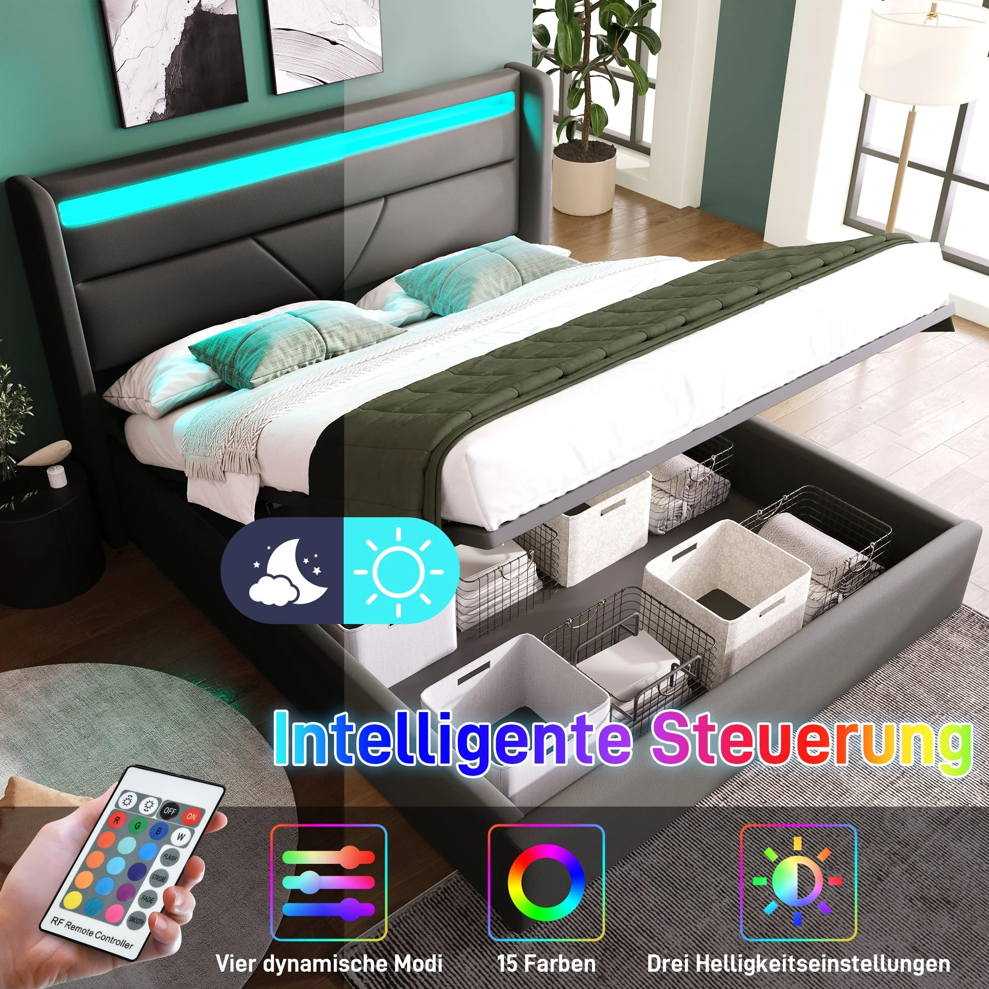 Hydraulic Storage Bed, LED, 140x200cm Upholstered, Gray - Image 3