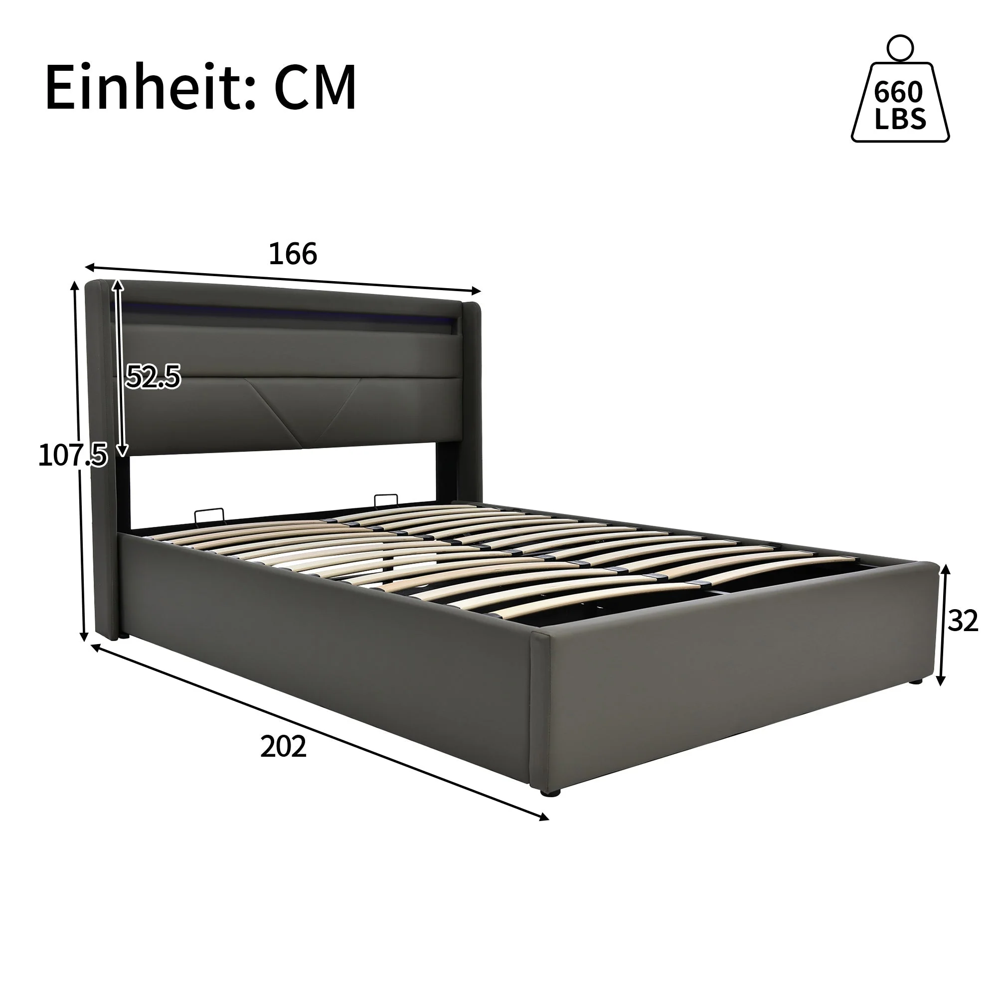 Hydraulic Storage Bed with LED, Double, 160x200cm, Upholstered, Gray - Image 8