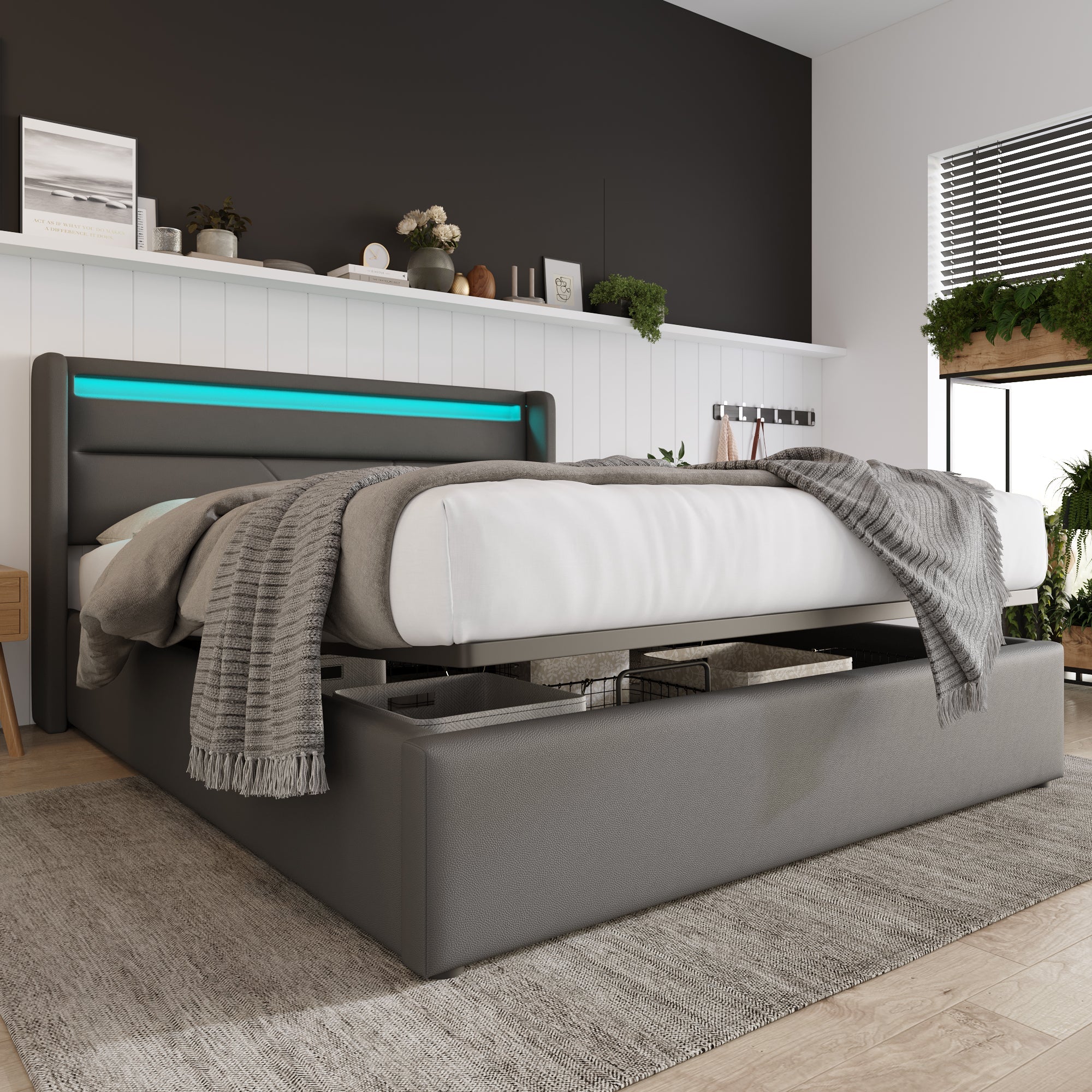 Hydraulic Storage Bed with LED Lighting and Remote Control, 160x200cm, Grey Upholstered Bed Frame - Image 6
