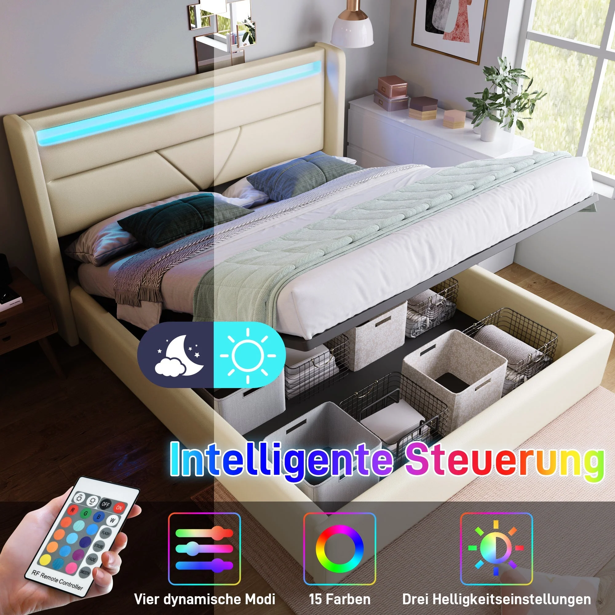 Hydraulic Storage Bed with LED Lighting and Remote Control, 160x200cm, White Upholstered - Image 3