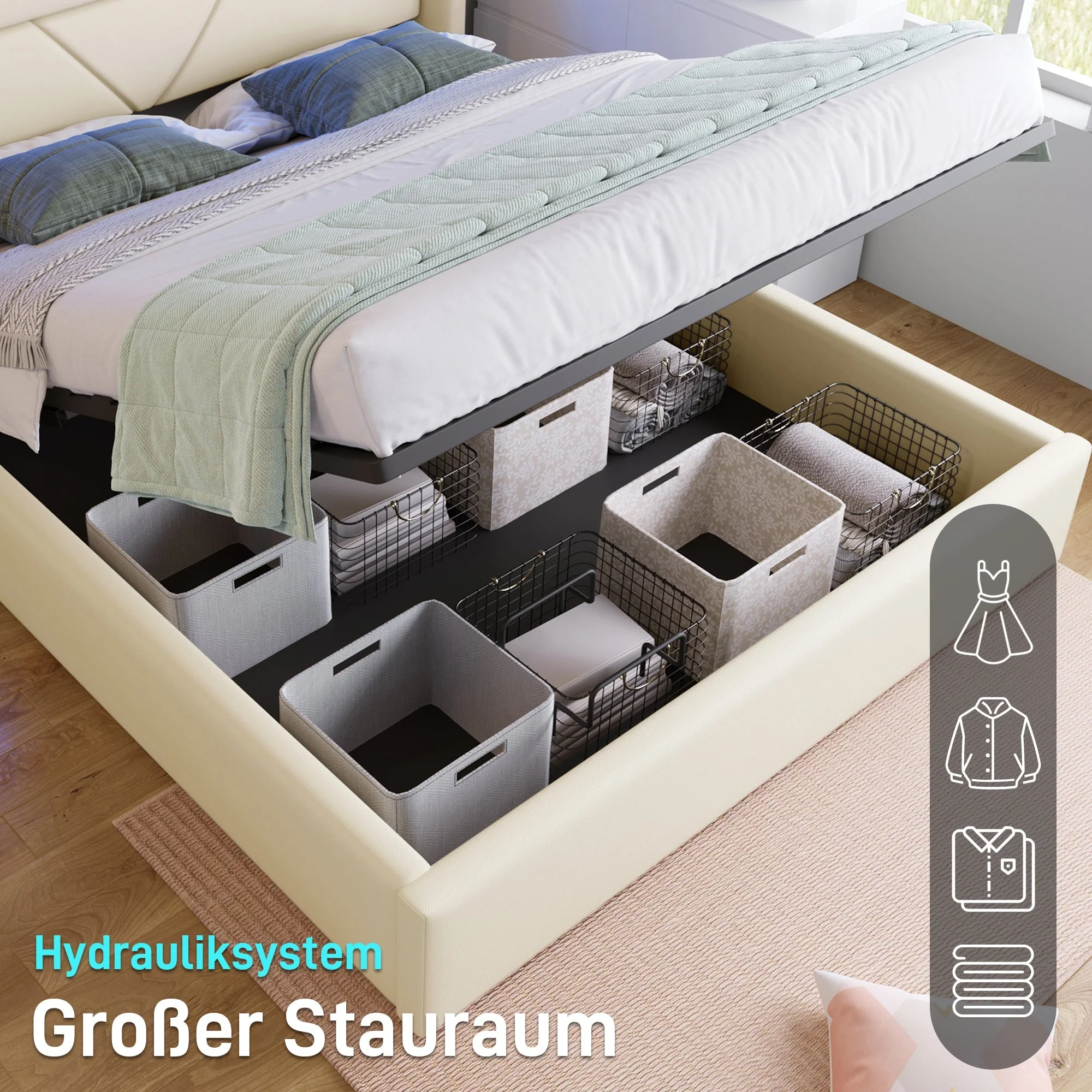 Hydraulic Storage Bed with LED Lighting and Remote Control, 160x200cm, White Upholstered - Image 5