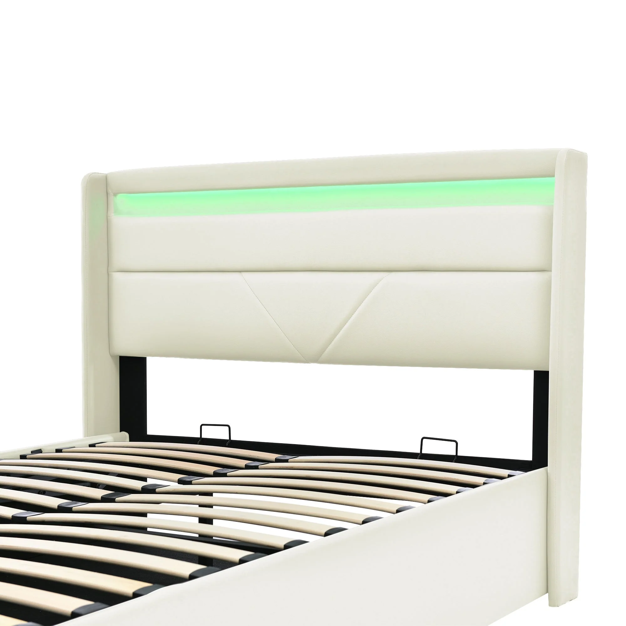 Hydraulic Storage Bed with LED Strip, 160x200cm Double Upholstered, White - Image 5