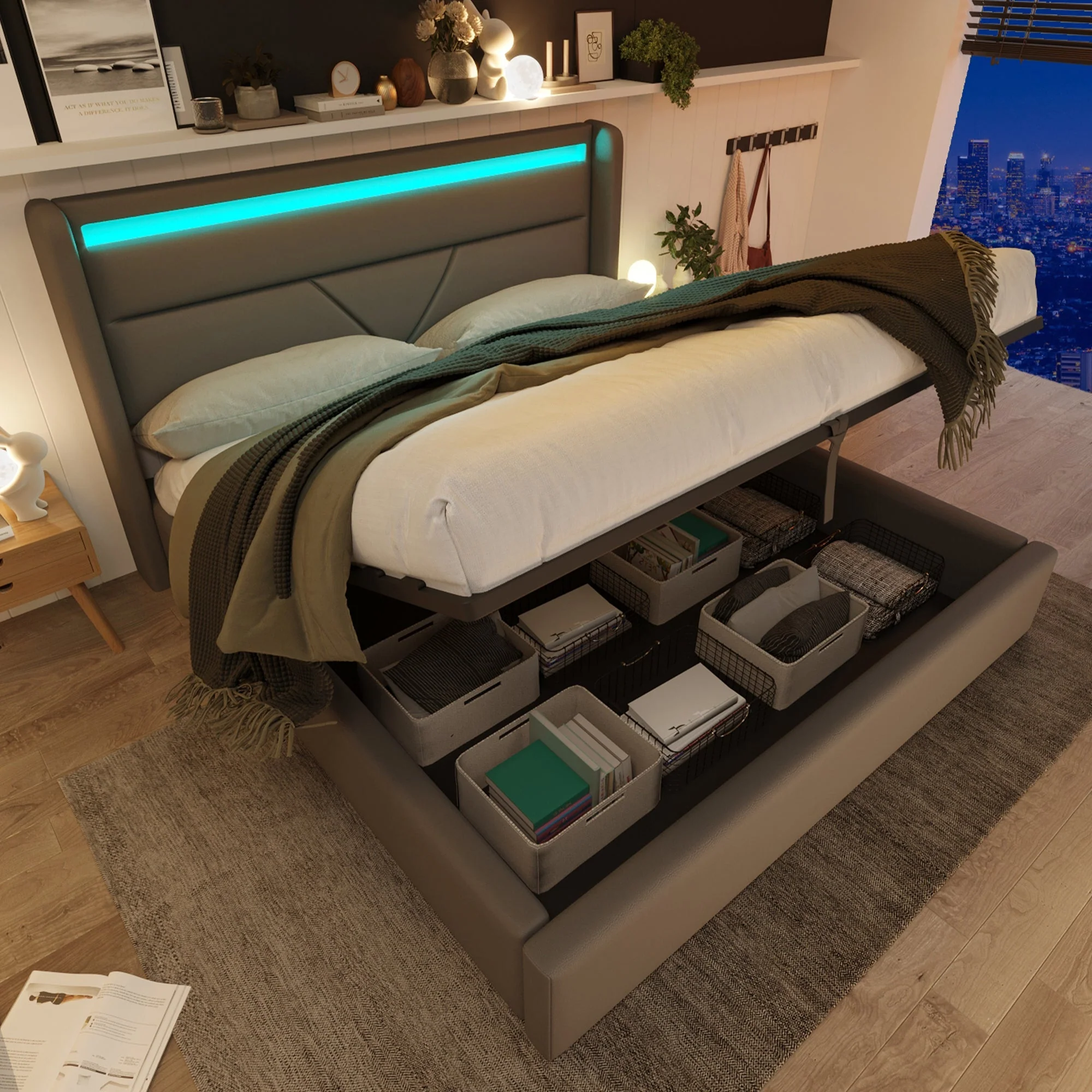 Hydraulic Storage Bed with LED Strip, Double Upholstered 160x200cm, Gray