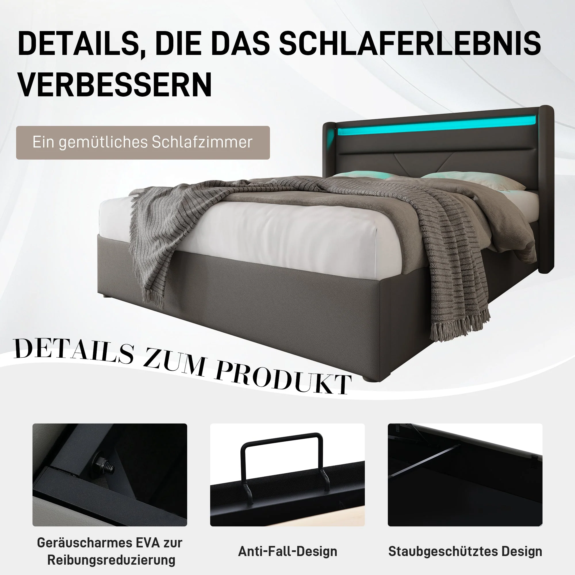 Hydraulic Storage Bed with LED Strip, Double Upholstered 160x200cm, Gray - Image 5