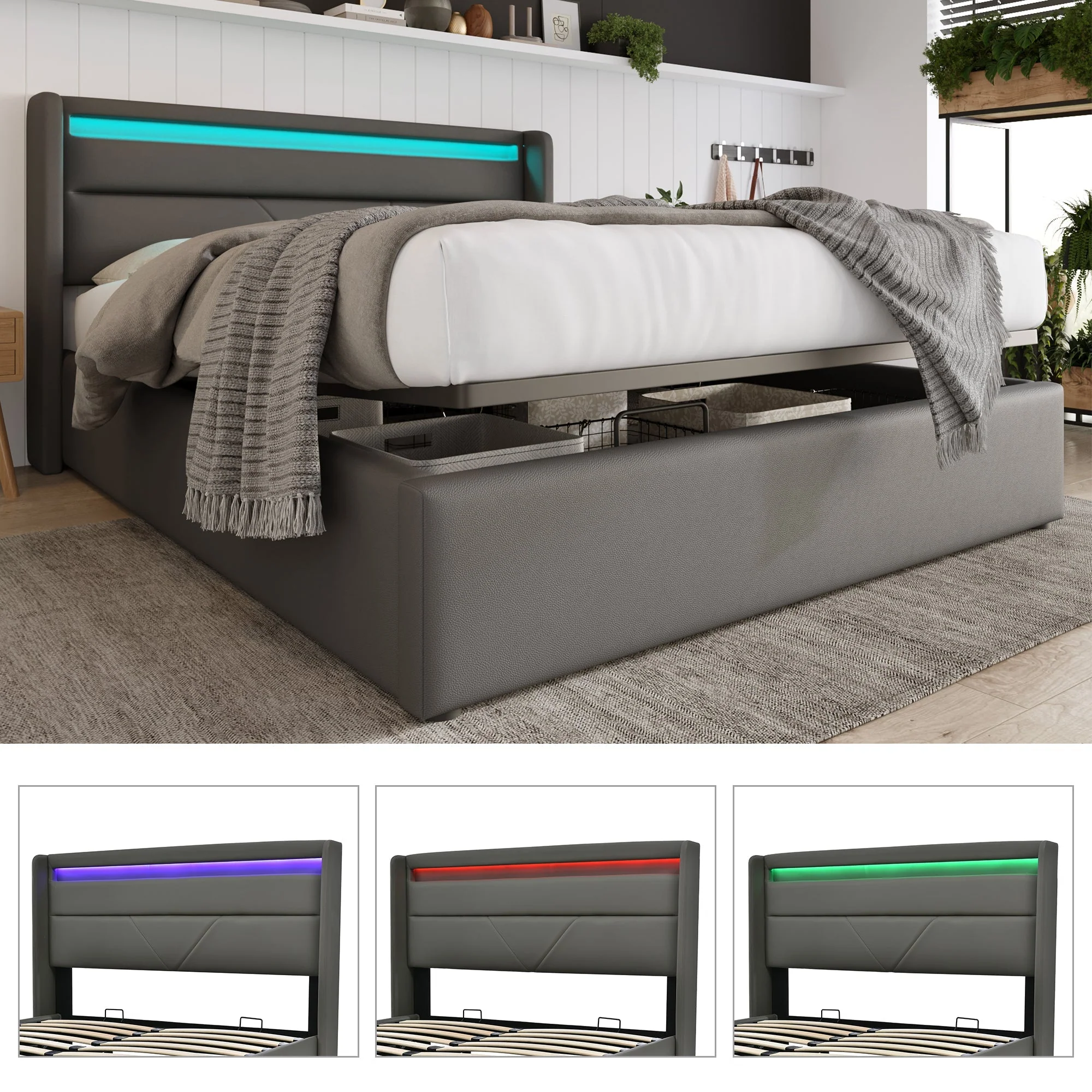 Hydraulic Storage Bed with LED Strip, Double Upholstered 160x200cm, Gray - Image 7
