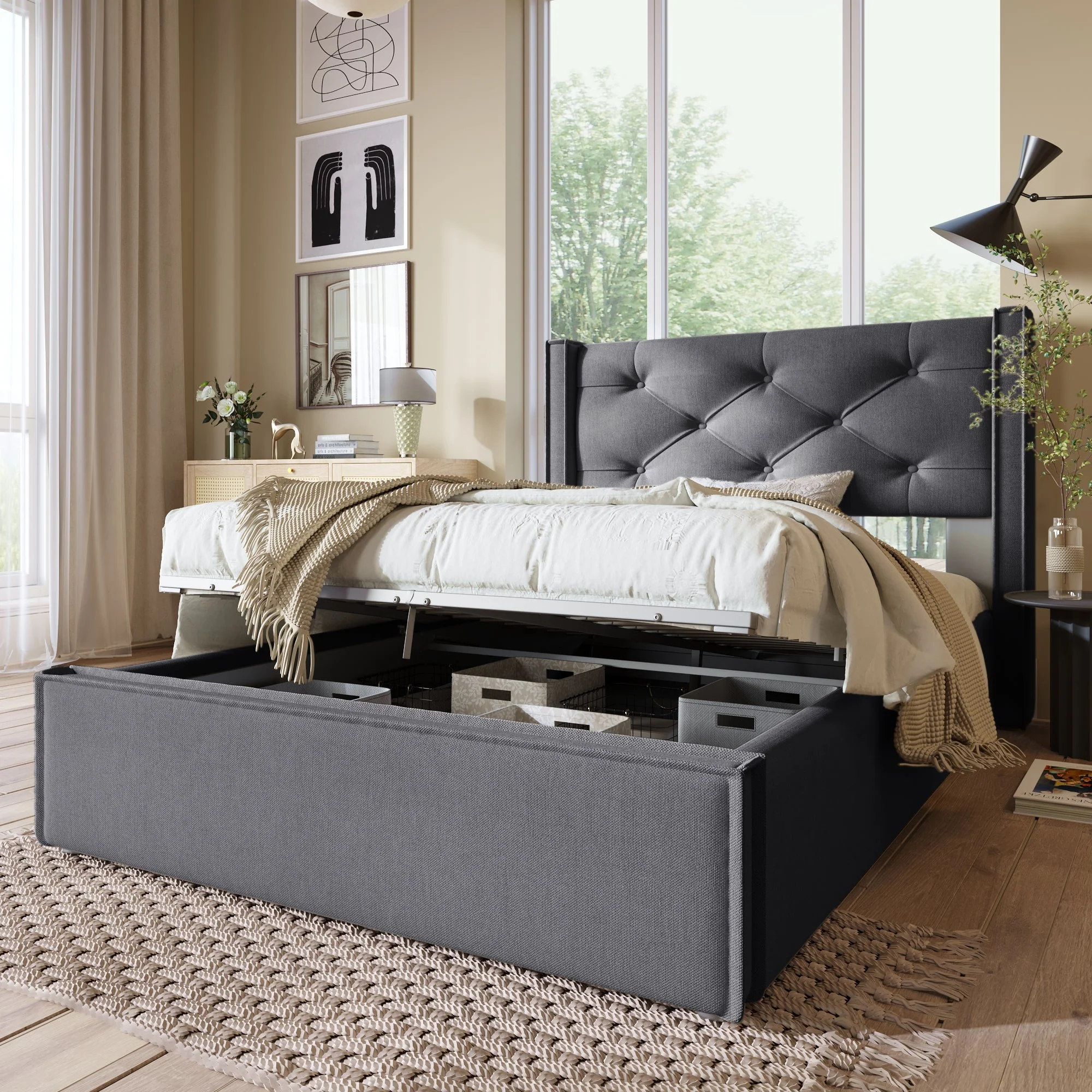 Hydraulic Upholstered Bed, Single 90x200cm with Storage, Grey Cotton - Image 10
