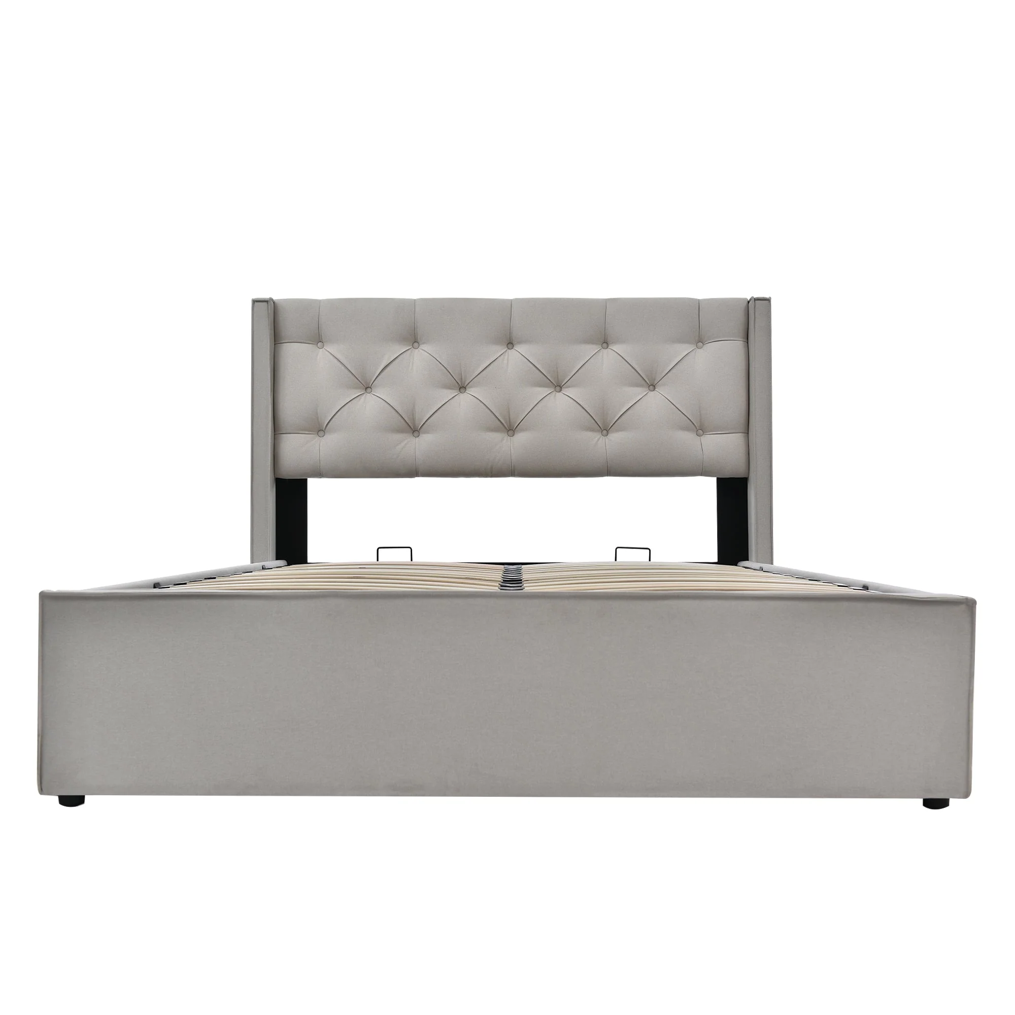 Hydraulic Upholstered Double Bed with Storage and Metal Slatted Base, 160x200cm, Light Grey Cotton - Image 9
