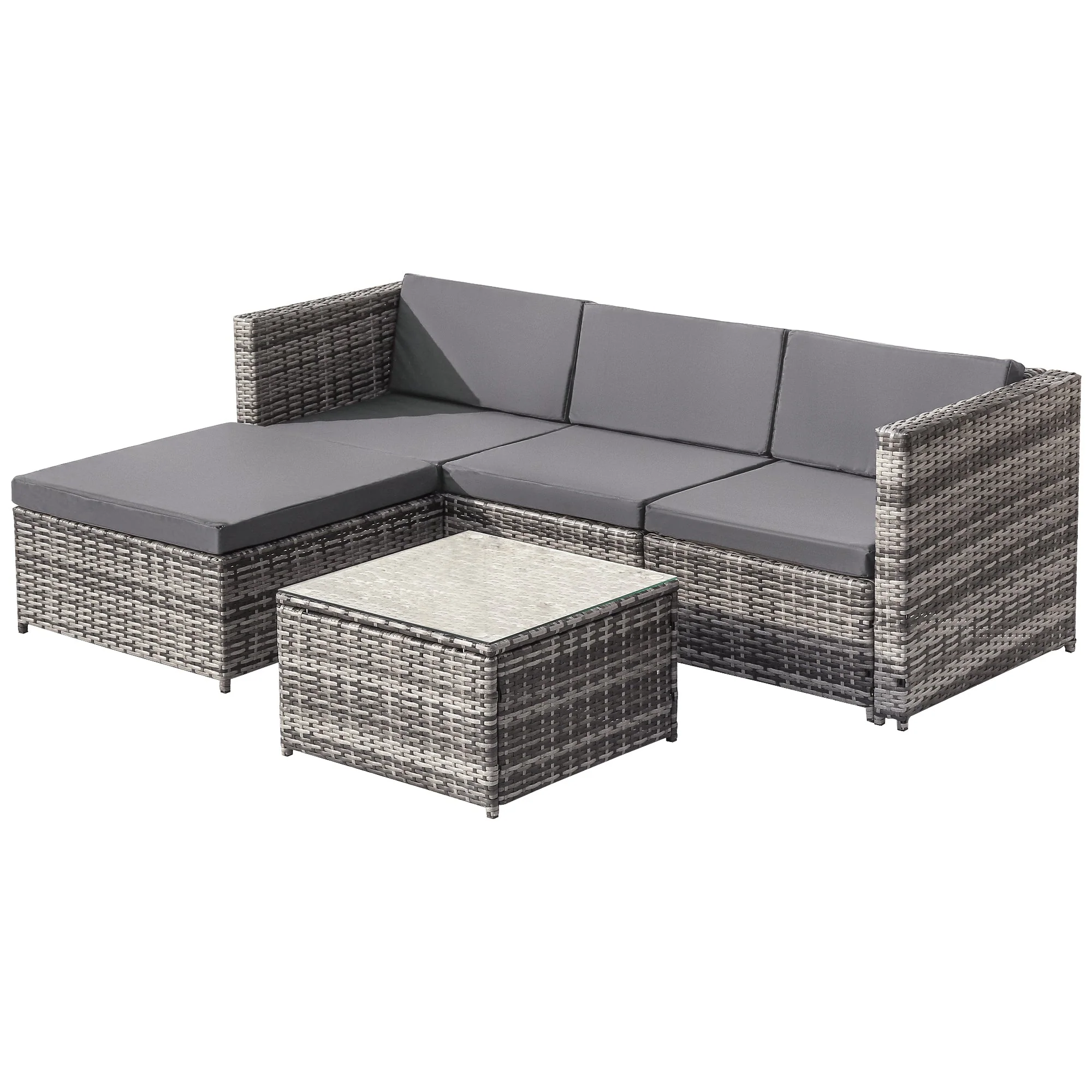 Rattan Outdoor Furniture Set with Lounge Sofa, Ottoman & Coffee Table, Grey