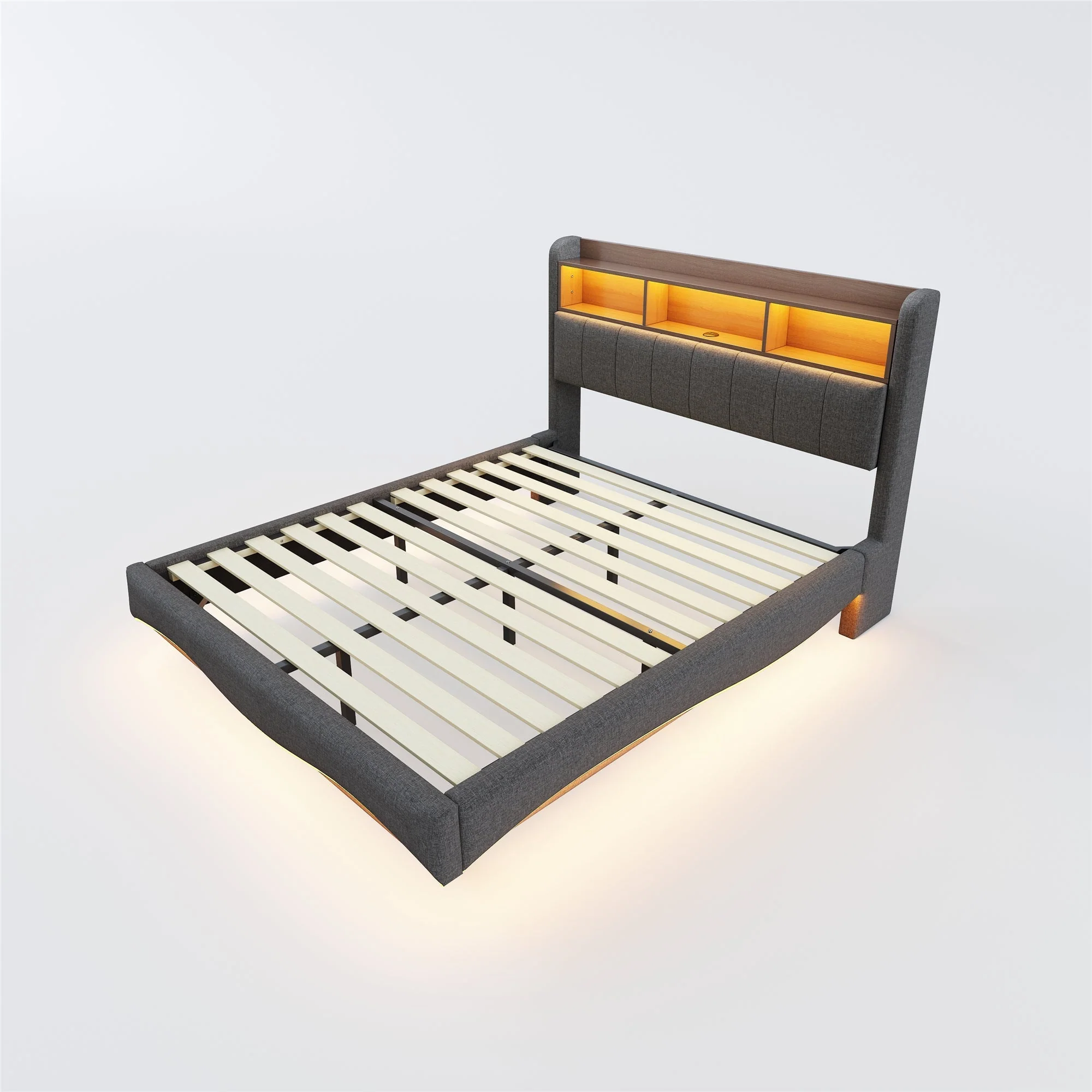 Upholstered Bed with LED Lighting, USB & Type-C Ports, and Headboard Storage, Grey - Image 2