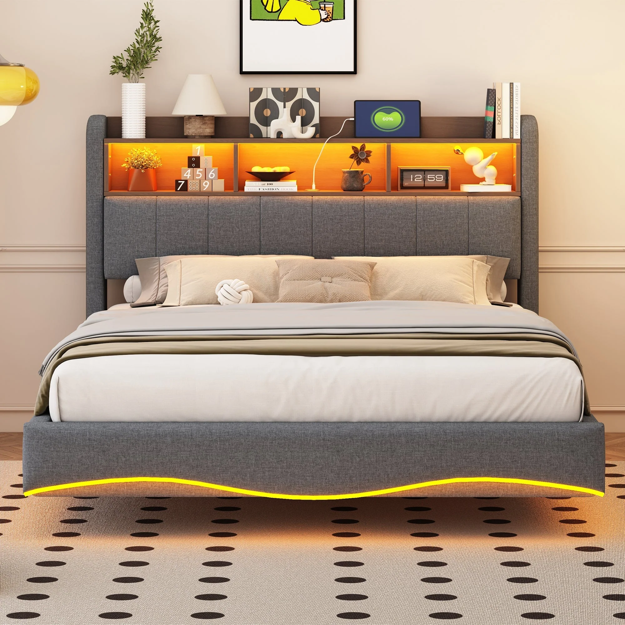 Upholstered Bed with LED Lighting, USB & Type-C Ports, and Headboard Storage, Grey - Image 4