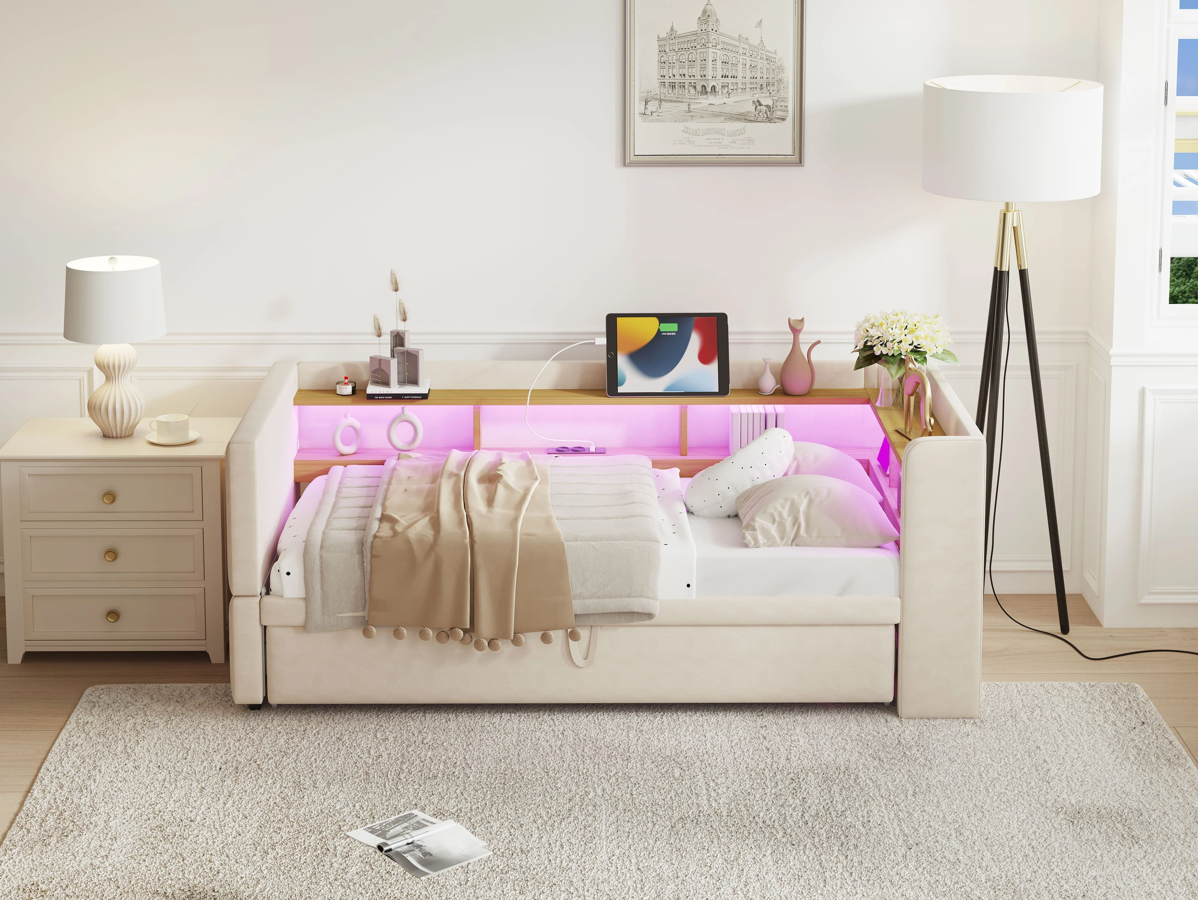 Multi-Functional Sofa Bed with Storage, LED Lighting & USB/Power Outlets, Beige - Image 10