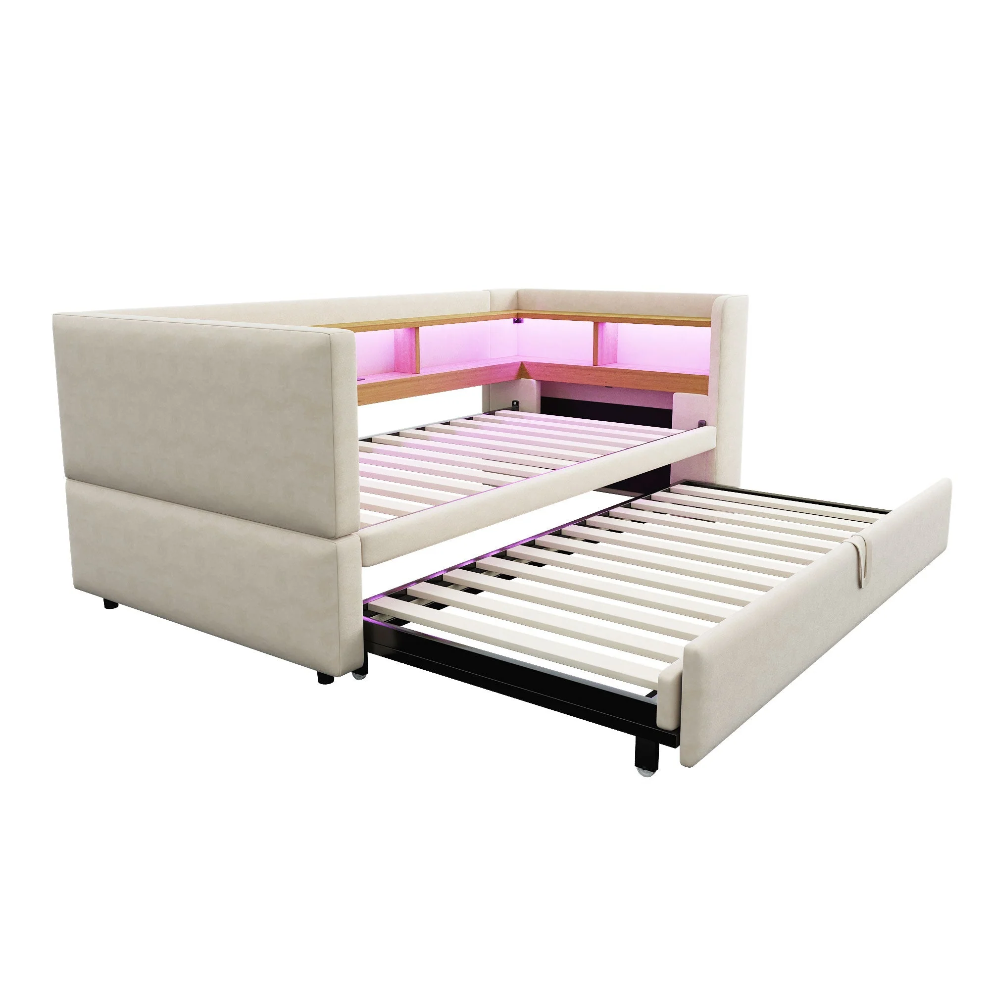 Multi-Functional Sofa Bed with Storage, LED Lighting & USB/Power Outlets, Beige - Image 4