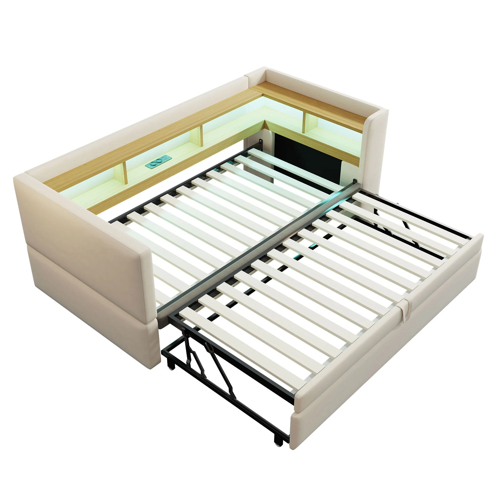 Multi-Functional Sofa Bed with Storage, LED Lighting & USB/Power Outlets, Beige - Image 5