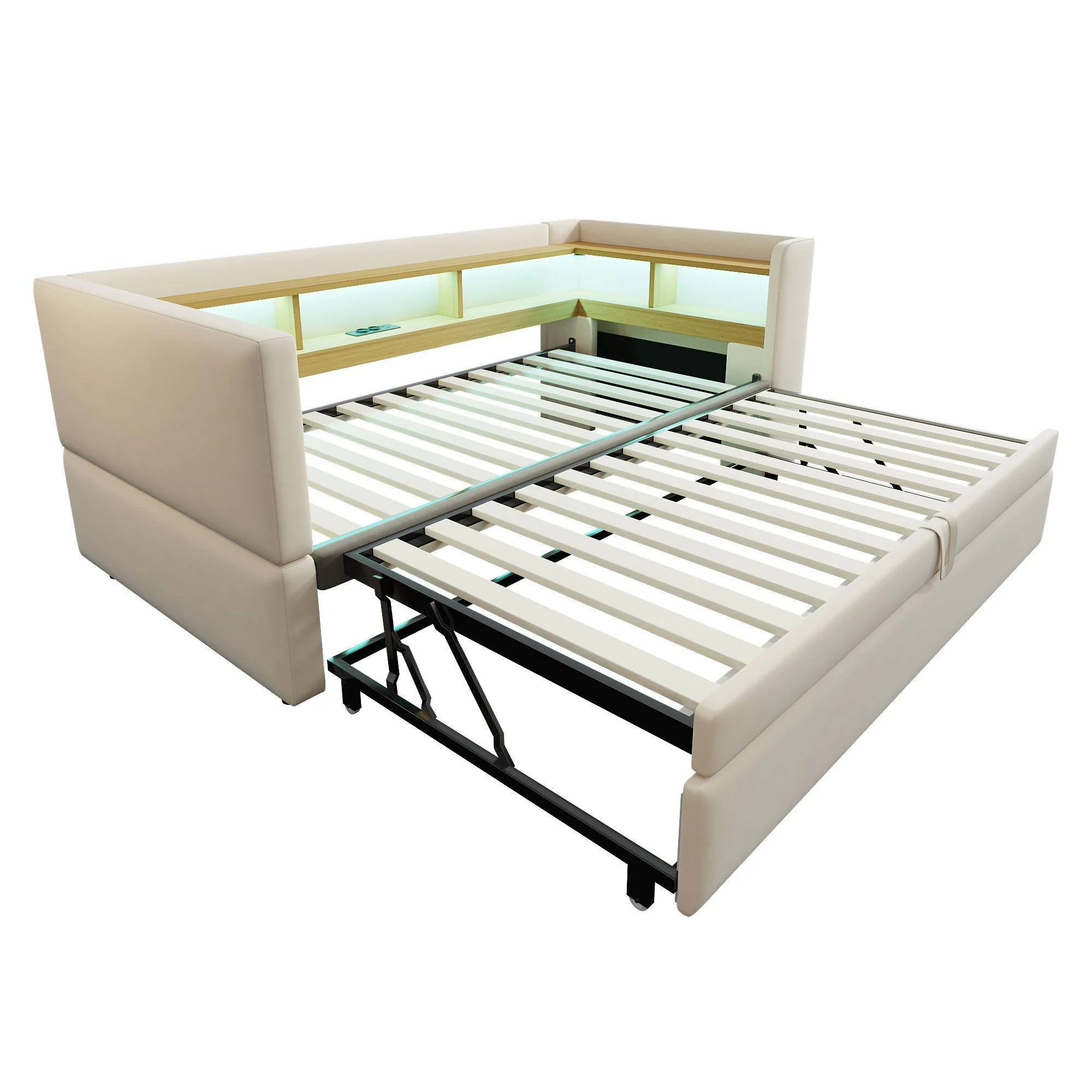 Multi-Functional Sofa Bed with Storage, LED Lighting & USB/Power Outlets, Beige - Image 6