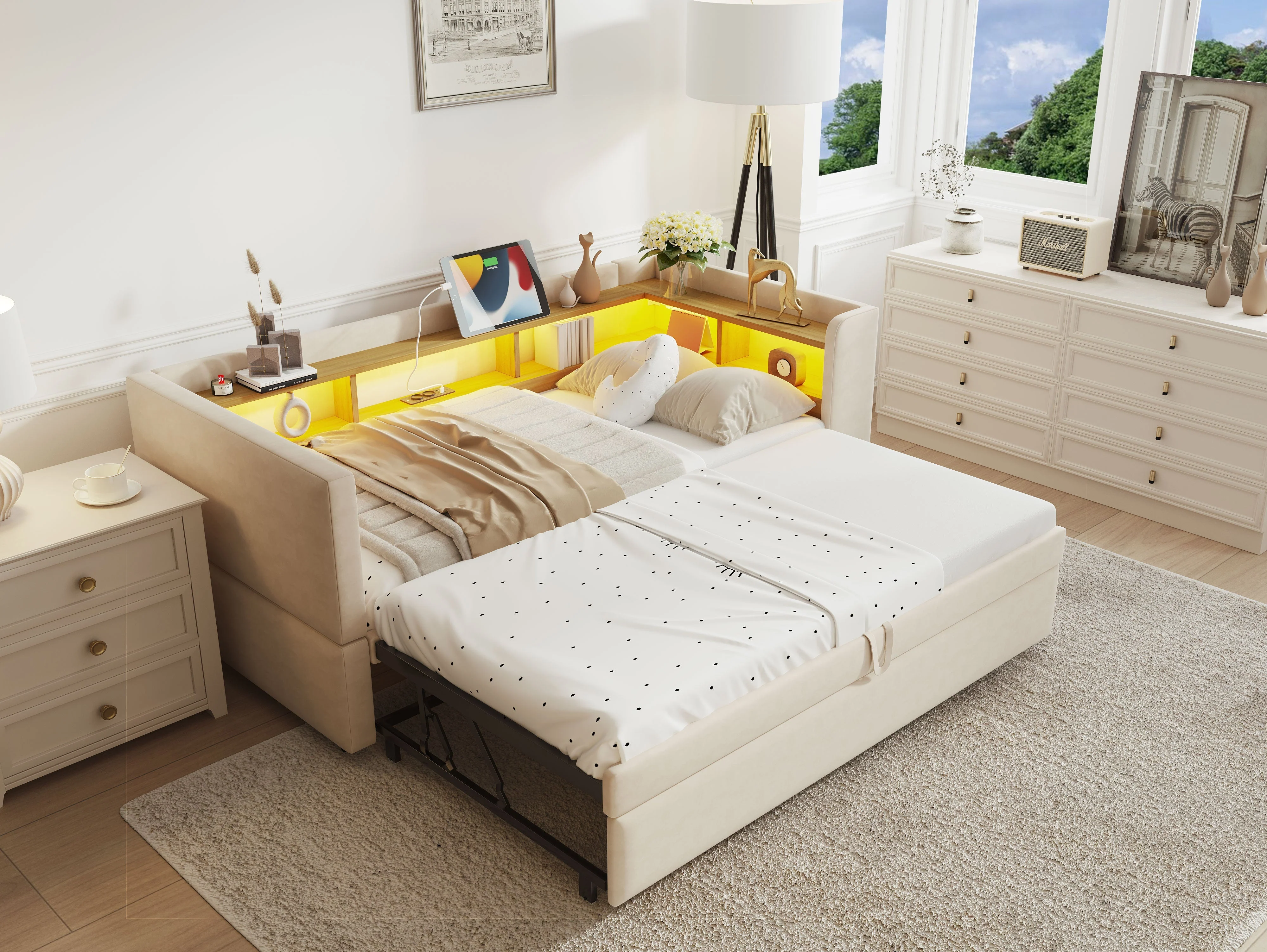 Multi-Functional Sofa Bed with Storage, LED Lighting & USB/Power Outlets, Beige - Image 8
