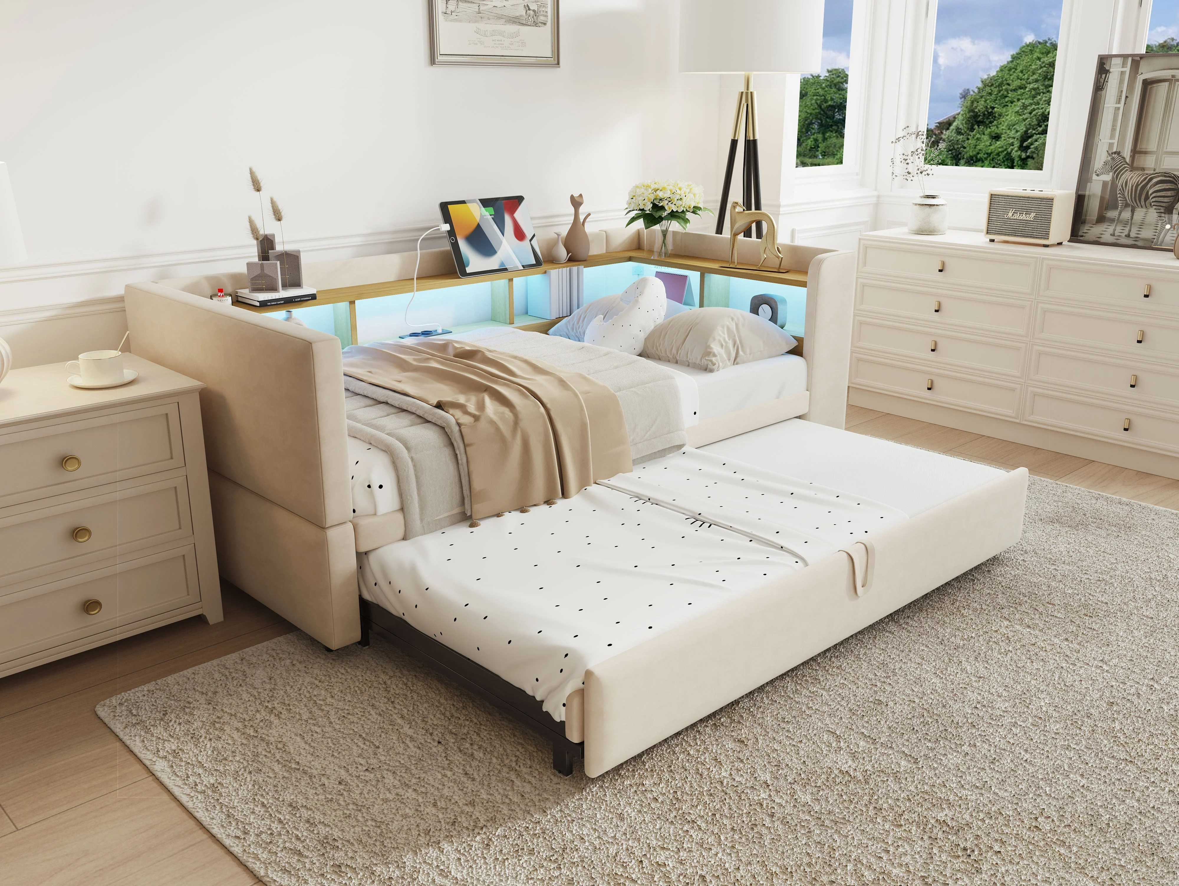 Multi-Functional Sofa Bed with Storage, LED Lighting & USB/Power Outlets, Beige - Image 9