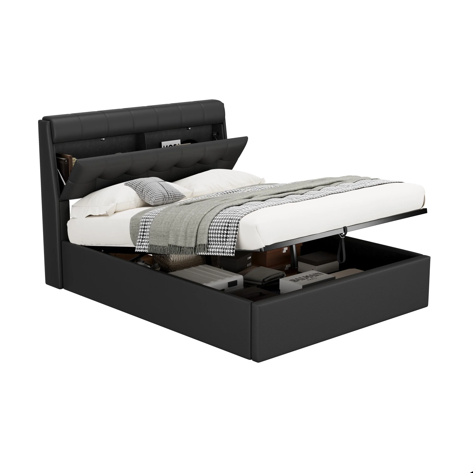 PU Upholstered Bed with Hydraulic Storage and Slatted Base, Black - Image 2