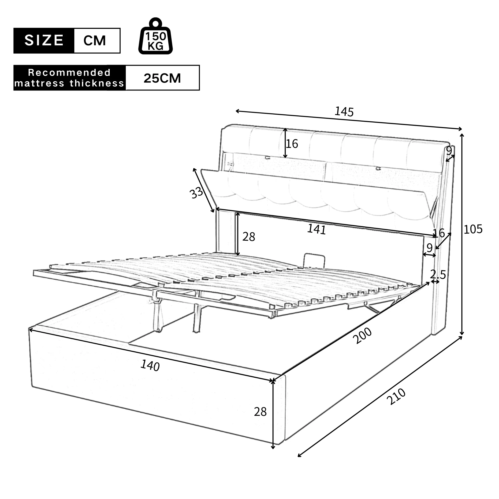 PU Upholstered Bed with Hydraulic Storage and Slatted Base, Black - Image 4