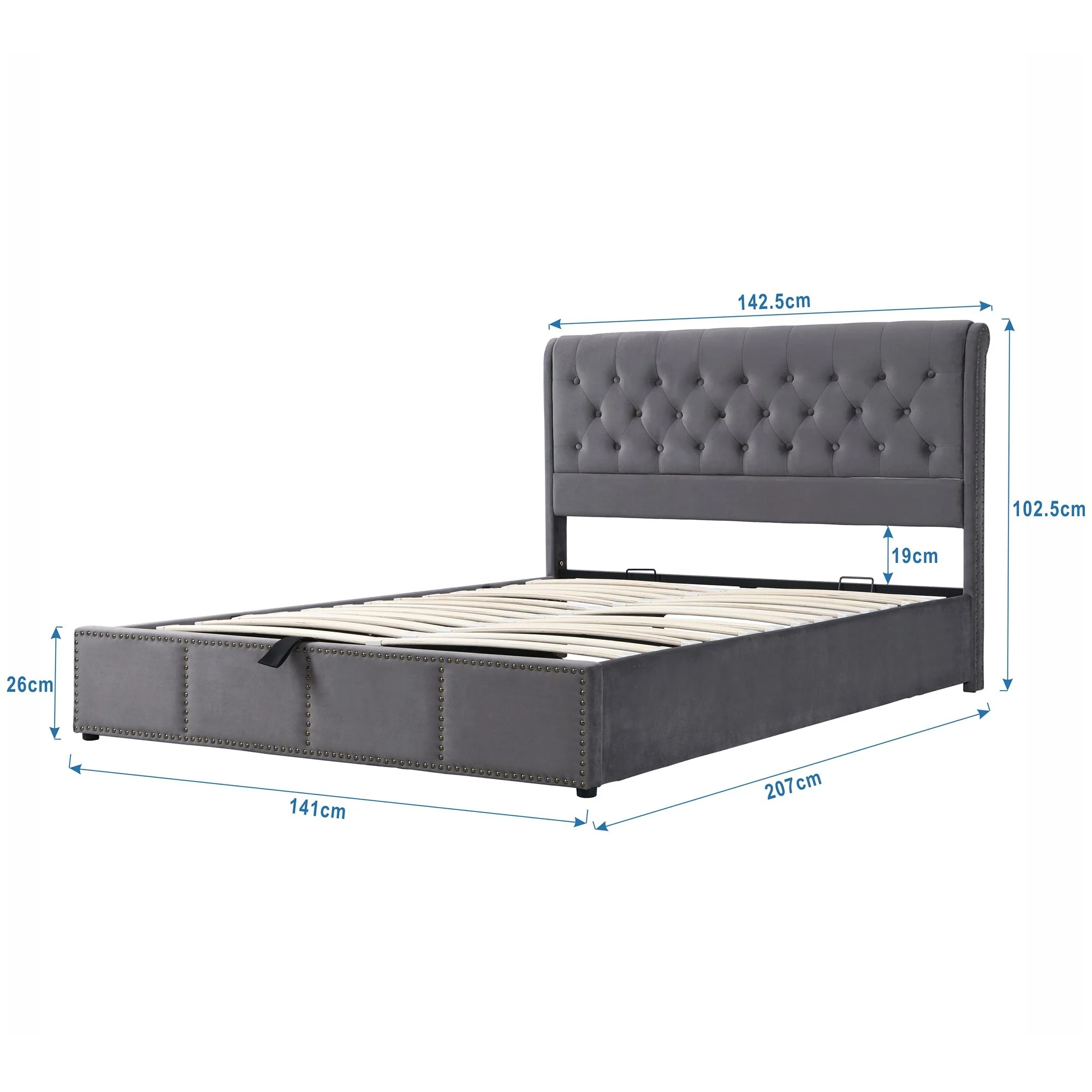 Upholstered Bed with Lift-Up Storage and Studded Footboard, Grey - Image 5