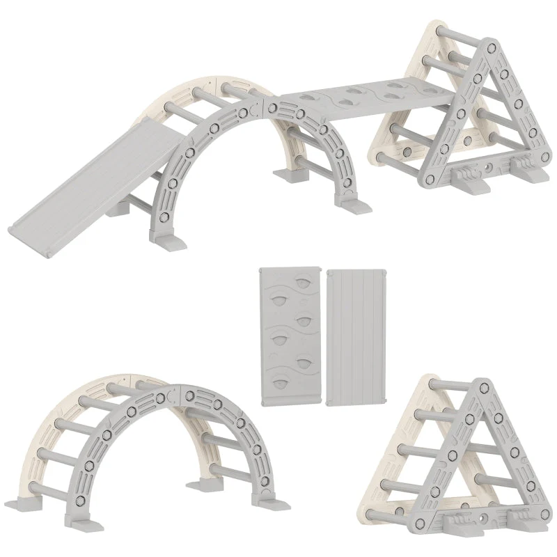 Indoor Climbing Frame 5-in-1 Triangle with Slide and Arch, Grey and White - Image 2