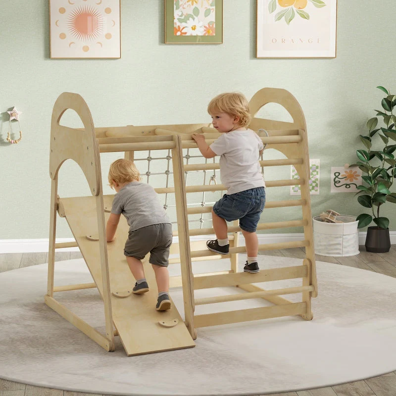 Indoor Climbing Frame 6-in-1 Slide Wall Net Ages 3-6 - Wood - Image 2