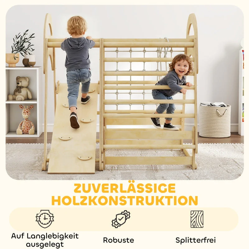 Indoor Climbing Frame 6-in-1 Slide Wall Net Ages 3-6 - Wood - Image 5