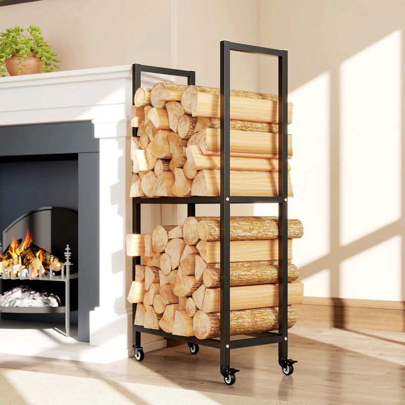 Indoor Firewood Rack 2 Levels With Wheels Steel - Black - Image 2