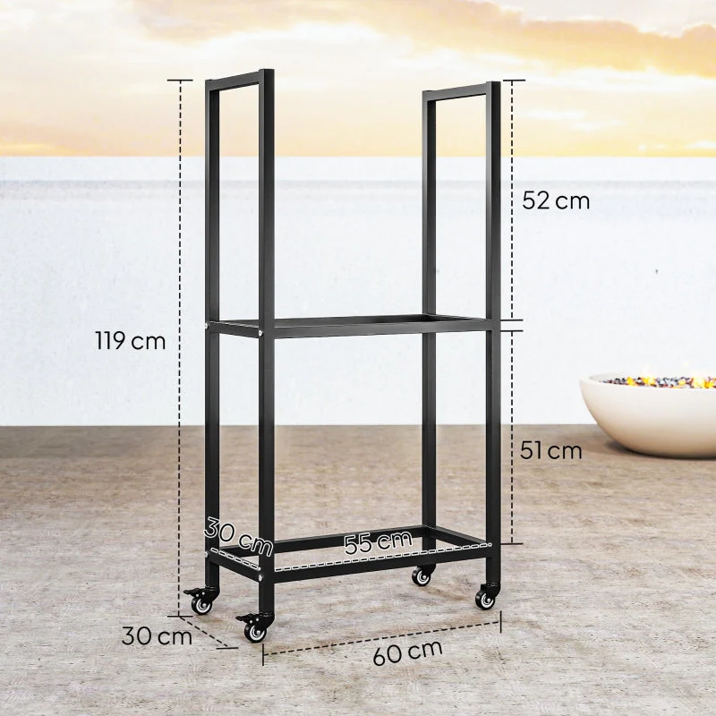 Indoor Firewood Rack 2 Levels With Wheels Steel - Black - Image 3