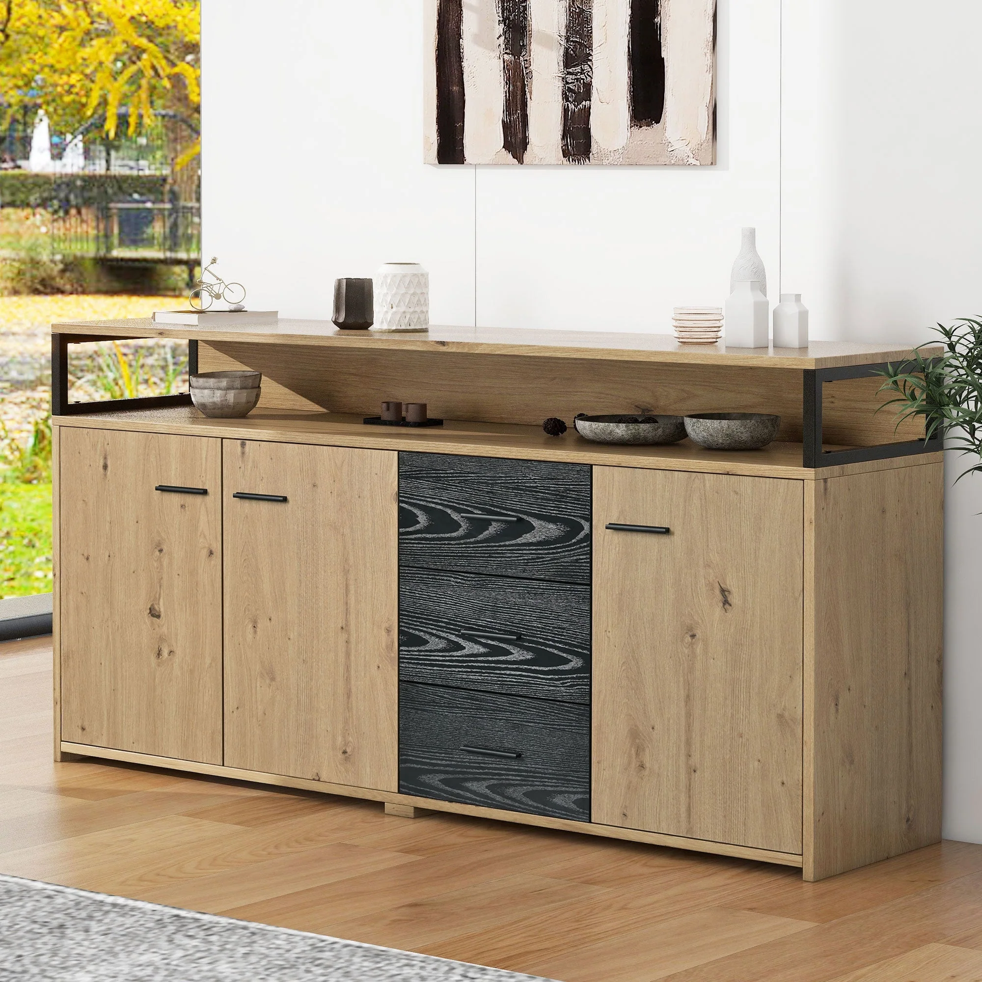 Industrial Sideboard, 3 Doors 3 Drawers, Metal Handles - Image 3