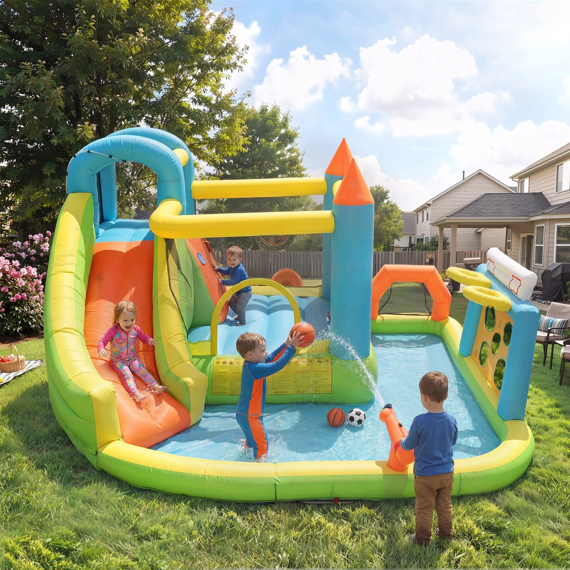 Inflatable Bouncy Castle with Slide, Water Pool and Basketball Hoop, 360x320x200cm, Multicolor