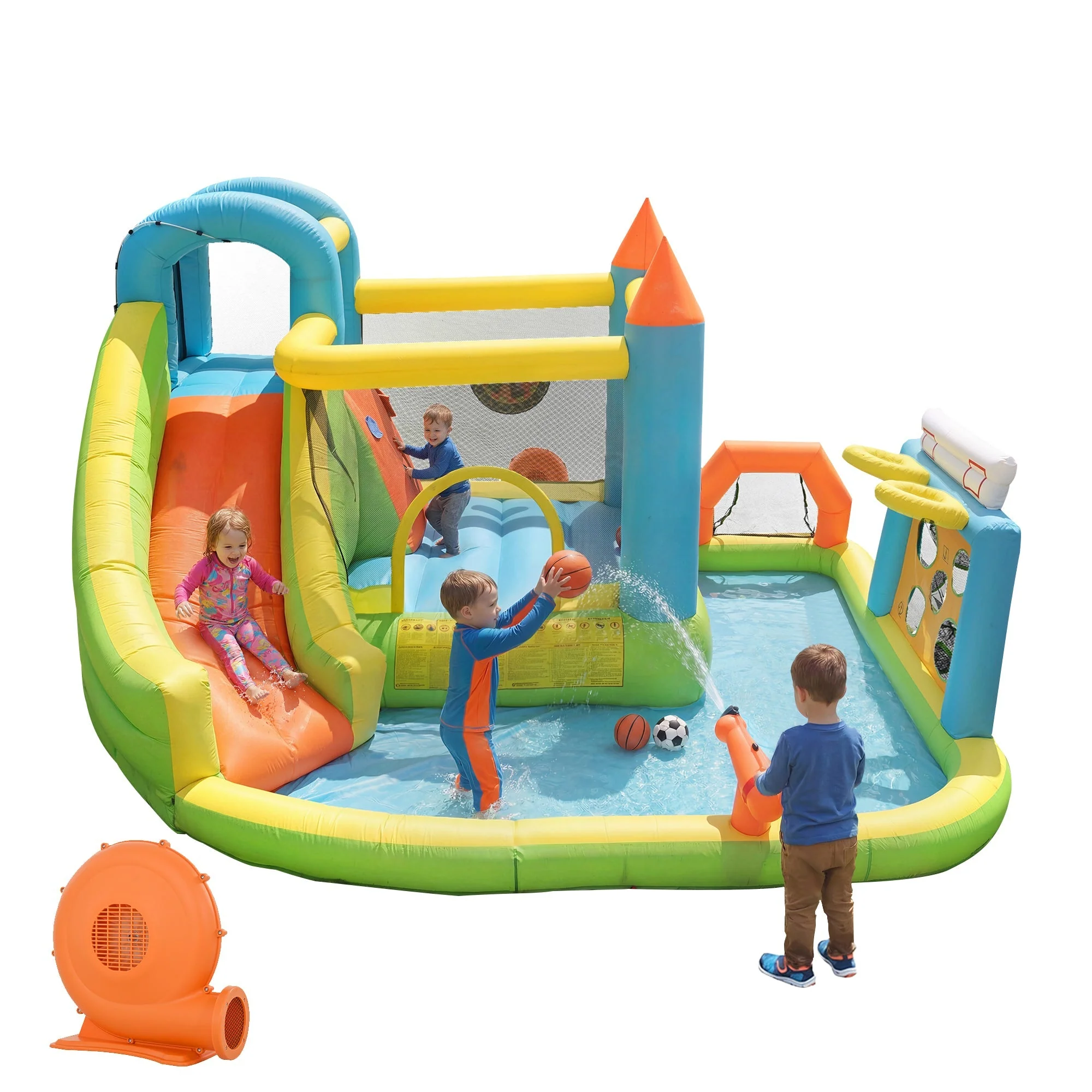 Inflatable Bouncy Castle with Slide, Water Pool and Basketball Hoop, 360x320x200cm, Multicolor - Image 2