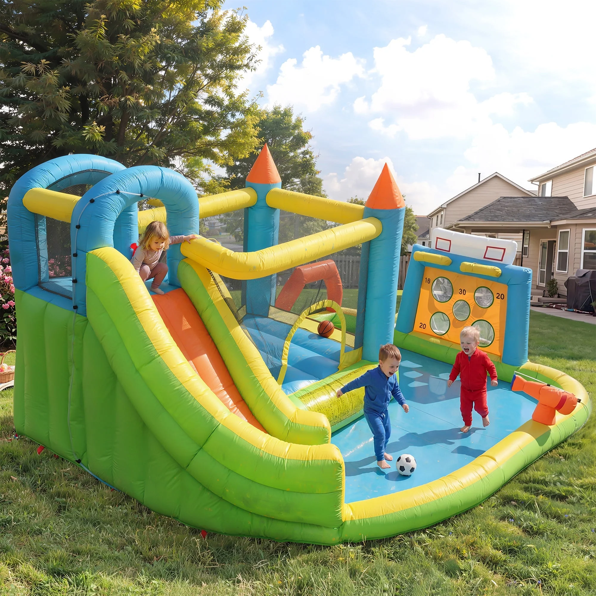 Inflatable Bouncy Castle with Slide, Water Pool and Basketball Hoop, 360x320x200cm, Multicolor - Image 5